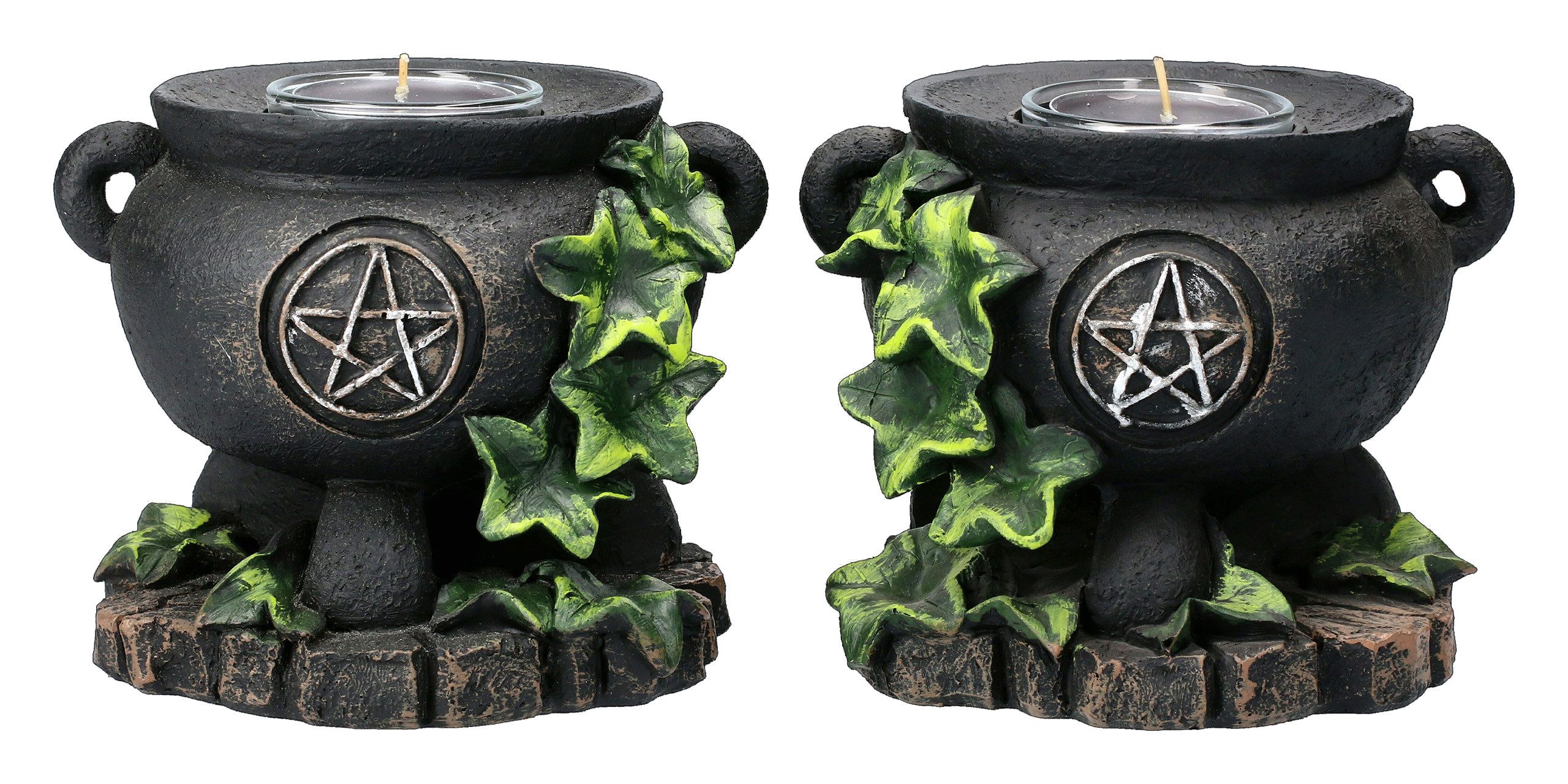 Figuren Shop GmbH Teelichthalter Teelichthalter 2er Set - Hexenkessel mit Efeu - Dekoration