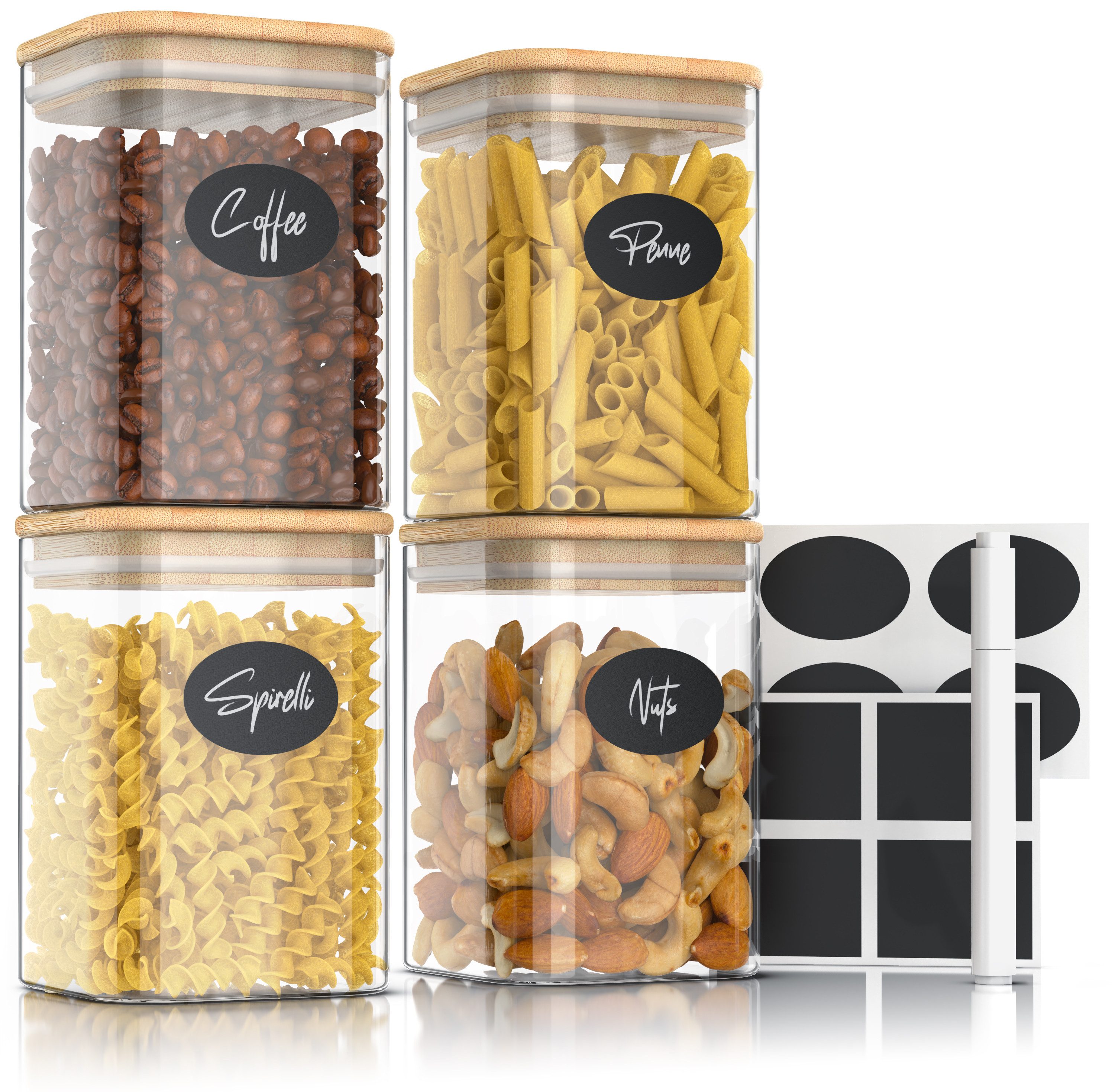 Arendo Aufbewahrungsbecher Glasbehälter-Set 4x 1,2 L Borosilikat quadratisch mit Bambusdeckel, Borosilikatglas, Bambus, Silikon, (Vorratsbehälter-Set, 4-tlg., 4er Set), luftdicht, hitze & kältebeständig, Mikrowellen & spülmaschinengeeignet