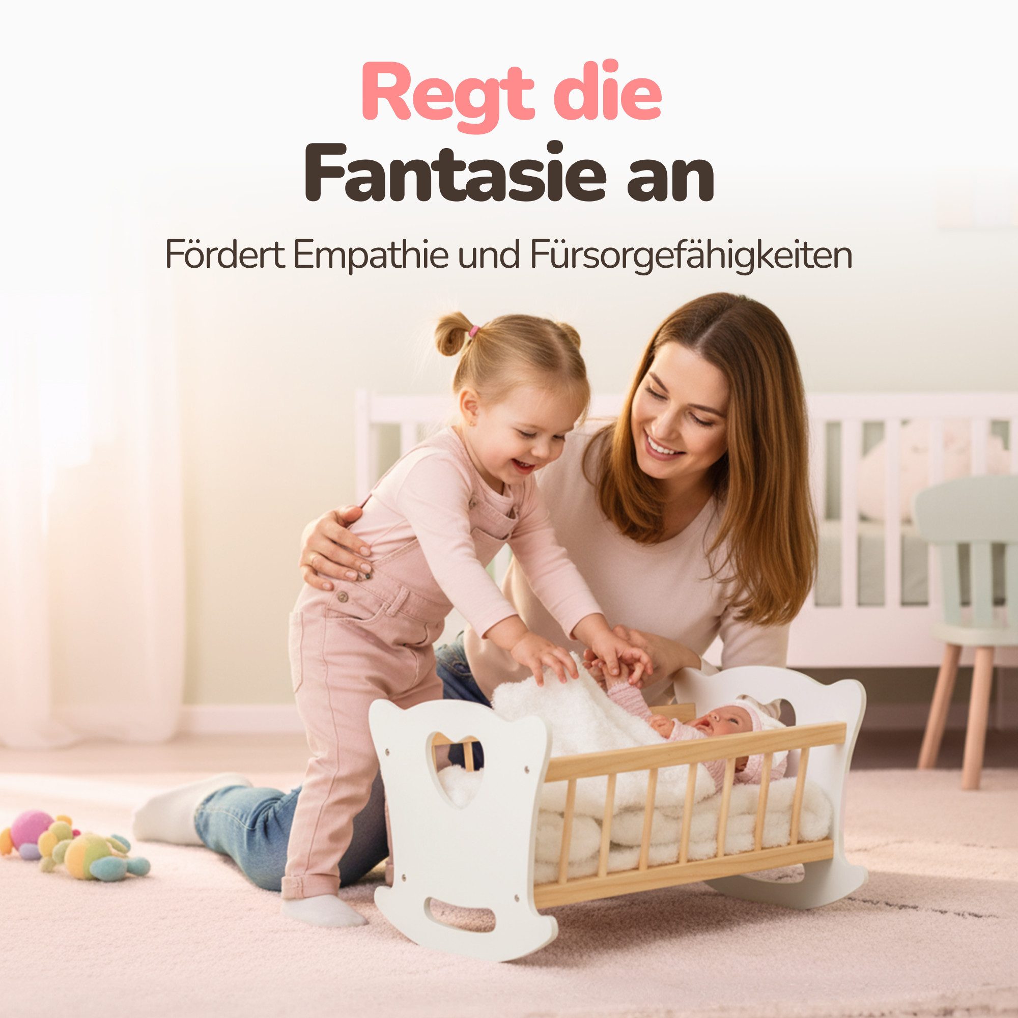 Kinderplay Dolls & Strollers Puppenwiege Holz Puppenwiege mit Bettwäsche – klassisch – für Kinder – Herzmotiv