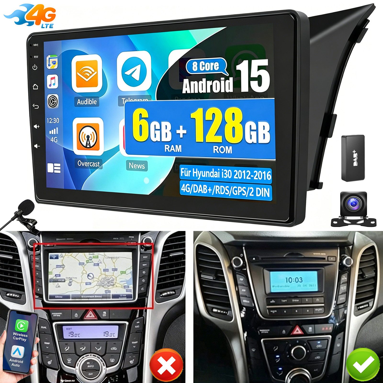 ESSGOO DAB+ 6+128G 8Core Android 15 Autoradio Carplay Für Hyundai i30 2012-16 Autoradio (RDS, Digitalradio (DAB), FM, AM, 6+128G, Carplay Android Auto Bluetooth EQ USB GPS Navi WIFI Touchscreen)