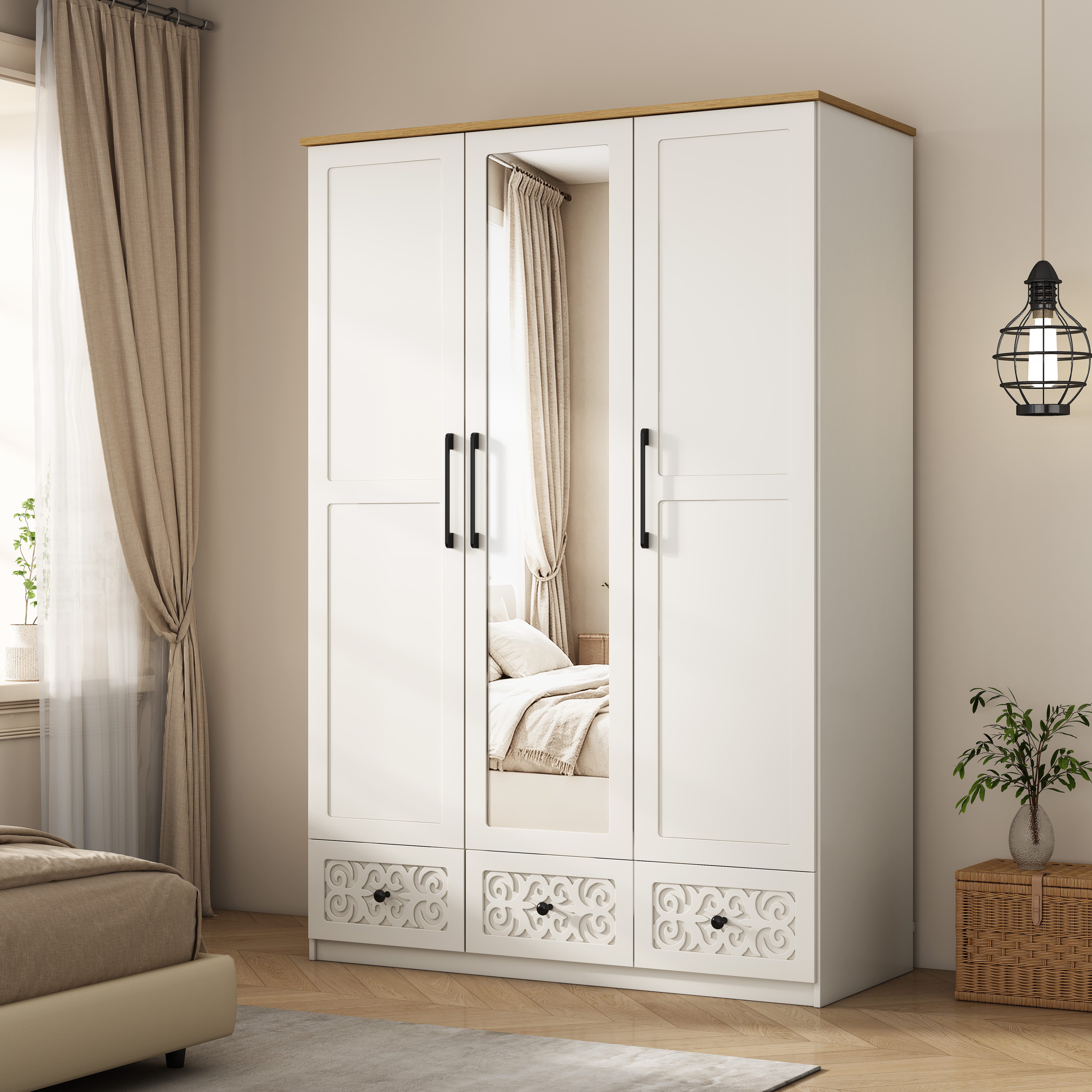 OTTO home Kleiderschrank EZZON-KS Landhaus Design Schlafzimmerschrank mit Verzierungen und Spiegel – Bild 2 von 5