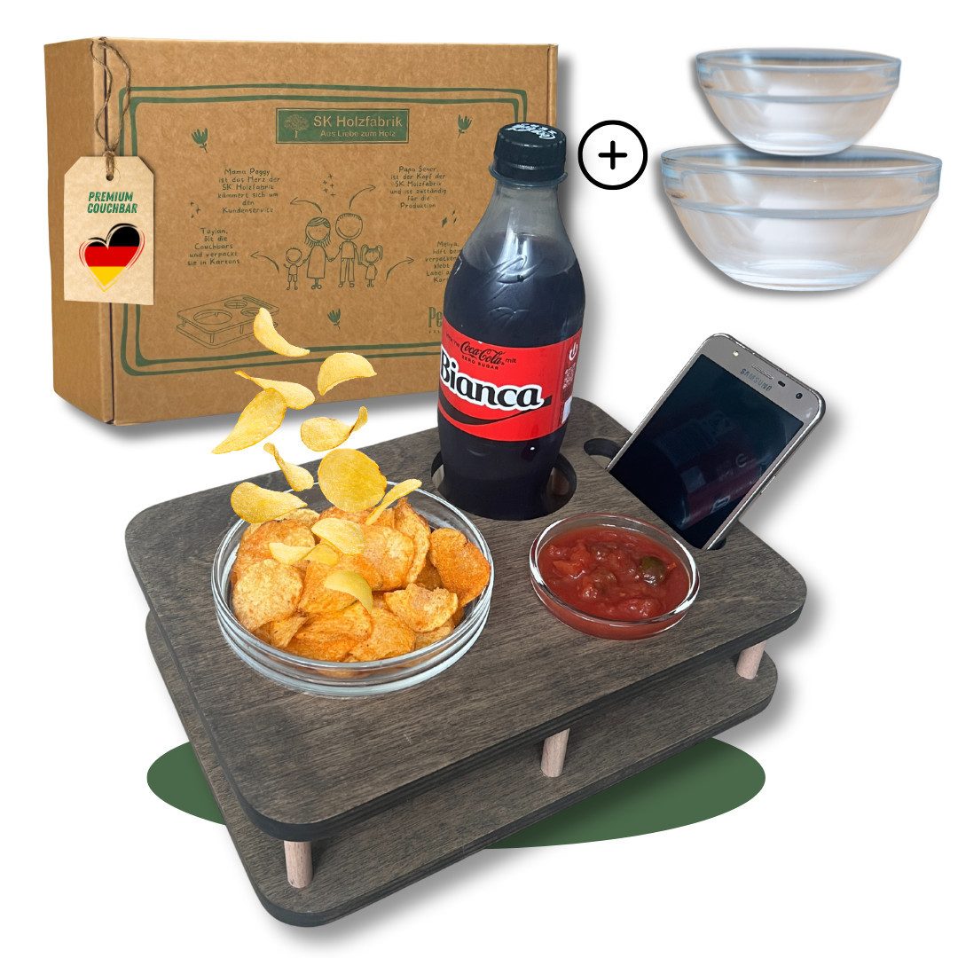 PEGSEN Tablett Couchbar Snackbox YOLO mit 2 Snackschalen Sofatablett, Multiplex Birkenholz, (Set, 3-tlg., Couchbar + 2 lebensmittelechte Glasschalen), alles steht sicher & stabil, vielseitig nutzbar, ideal für Sofa & Bett