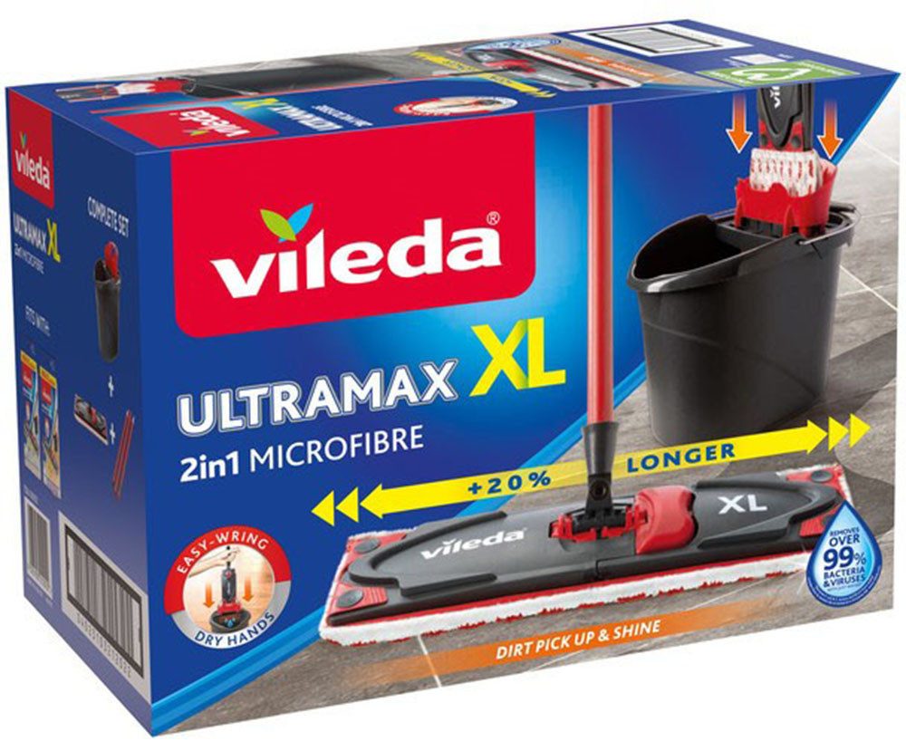 Vileda Bodenwischer-Set Ultramax XL Universal Komplettbox, (Set, 3-St), 20 % längere Wischerplatte für eine schnellere Reinigung