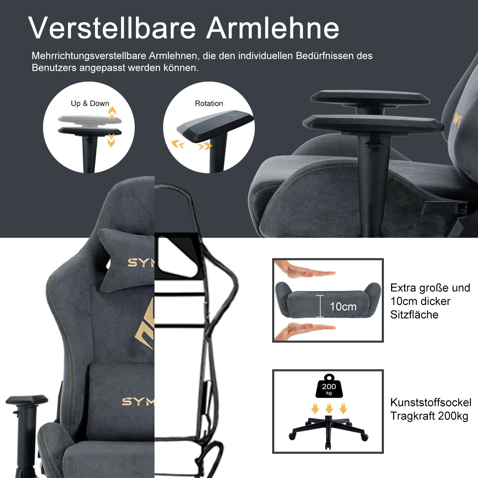 symino Gaming-Stuhl Drehstuhl, verstellbare Armlehnen und Rückenlehne, Memory Foam Kissen mit Fußstütze, Grau – Bild 4 von 5