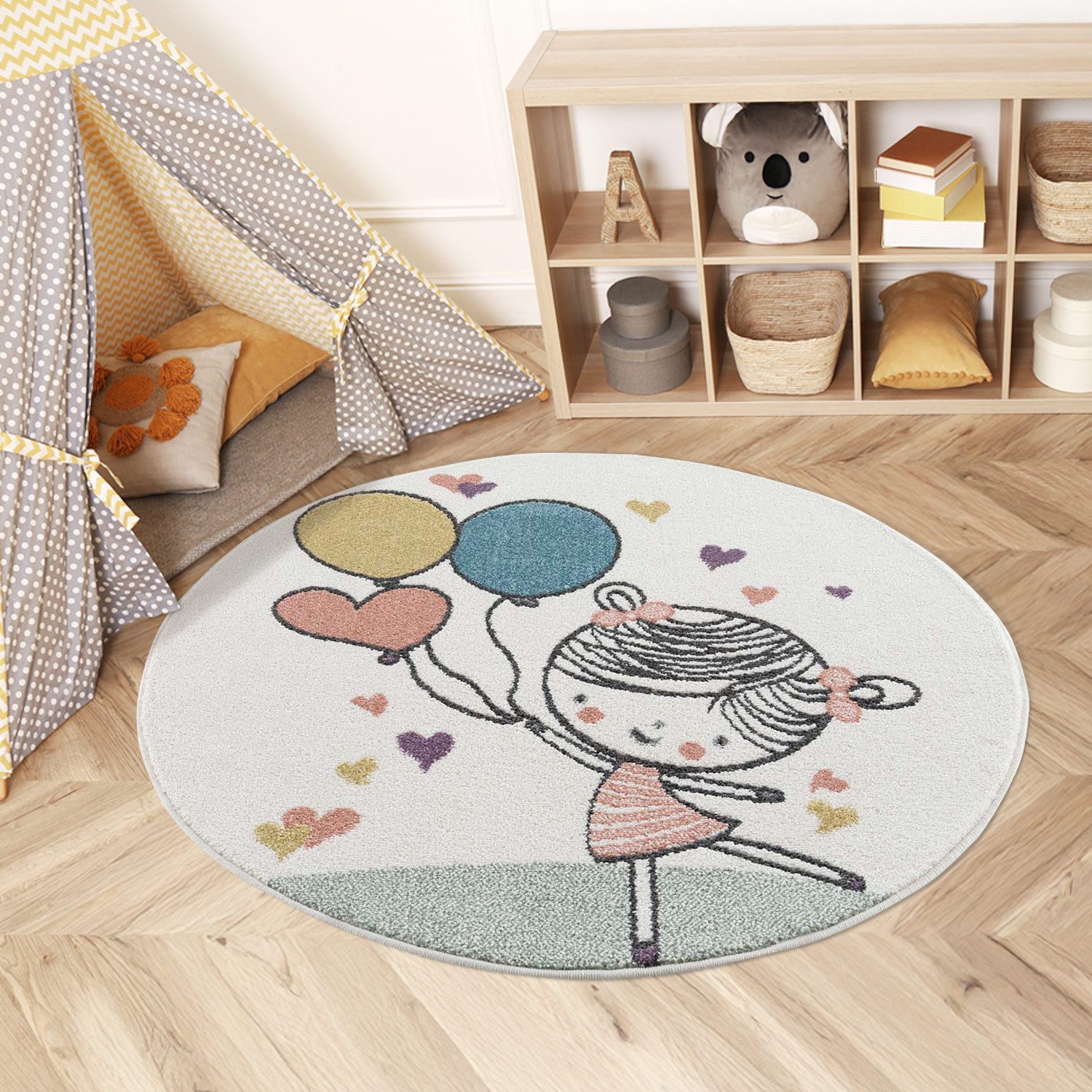 Carpet City Kinderteppich Anime9393, rund, Höhe: 11 mm, Spielteppich, Mädchen, Herzen, Ballon, Weicher Flor, Pflegeleicht