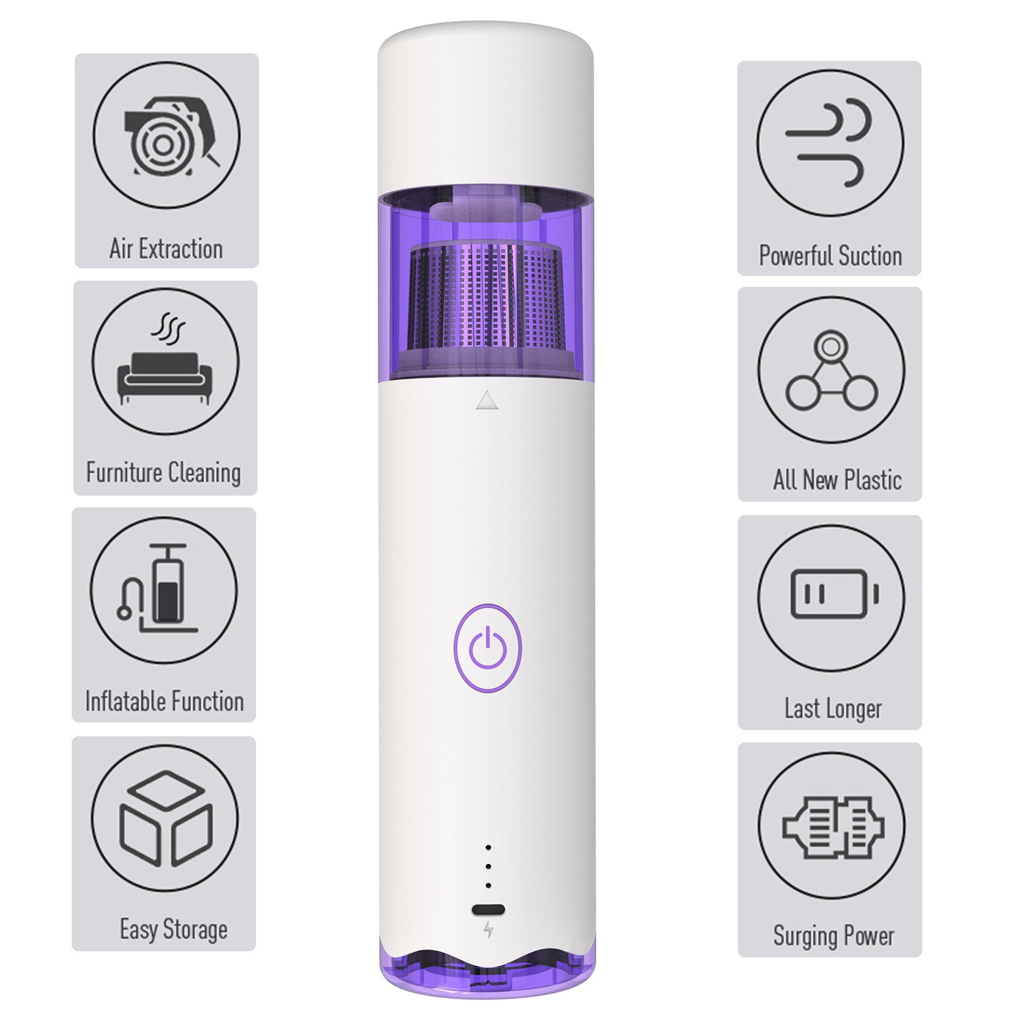 Bolwins Handstaubsauger E31D 3in1 60W multifunktionaler aufladebarer Staubsauger und Luftpumpe, 60 W, beutellos, Tragbarer Akku-Staubsauger mit USB-Typ-C-Ladung