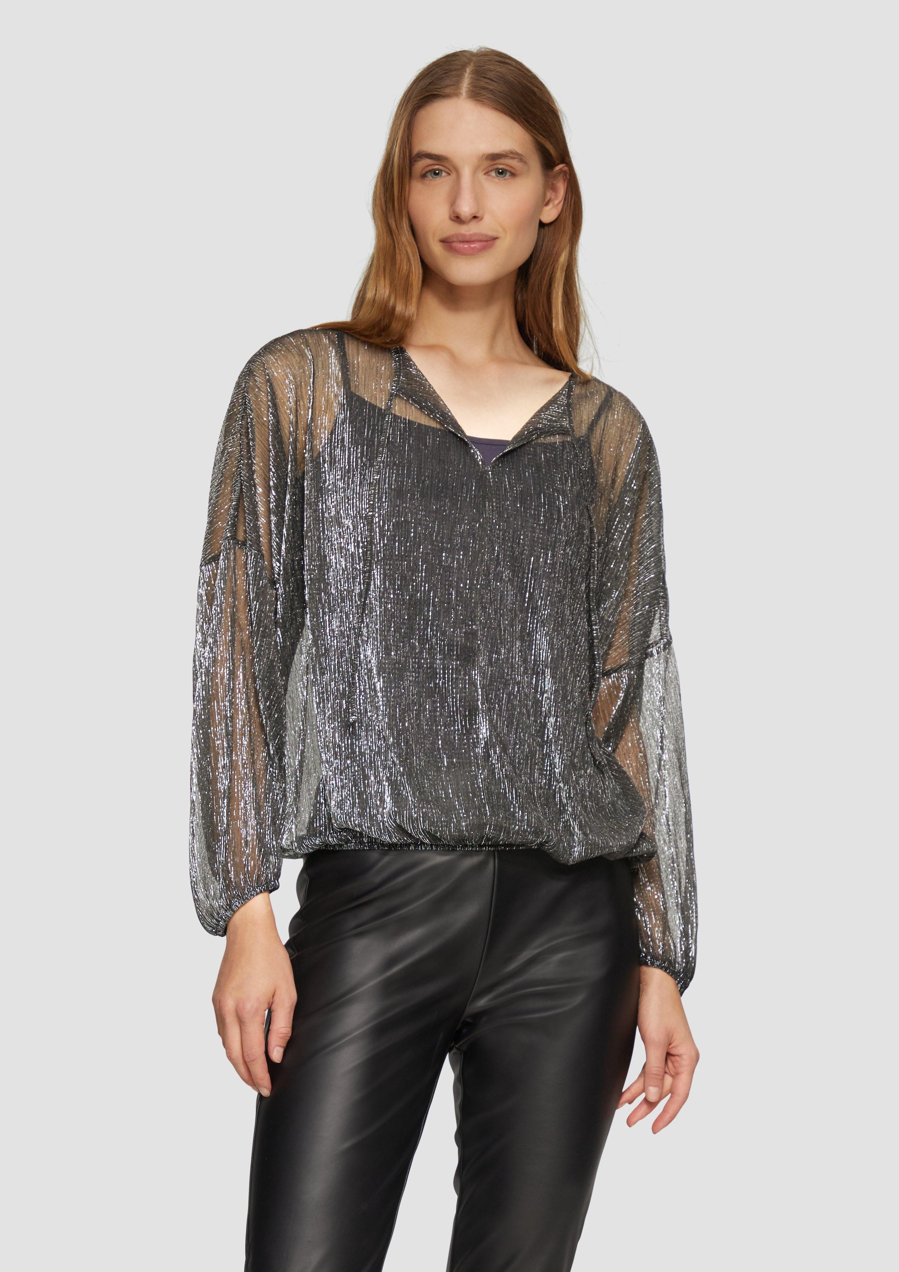 Langarmbluse Transparente Meshbluse mit Glitzergarn und überschnittenen Schultern