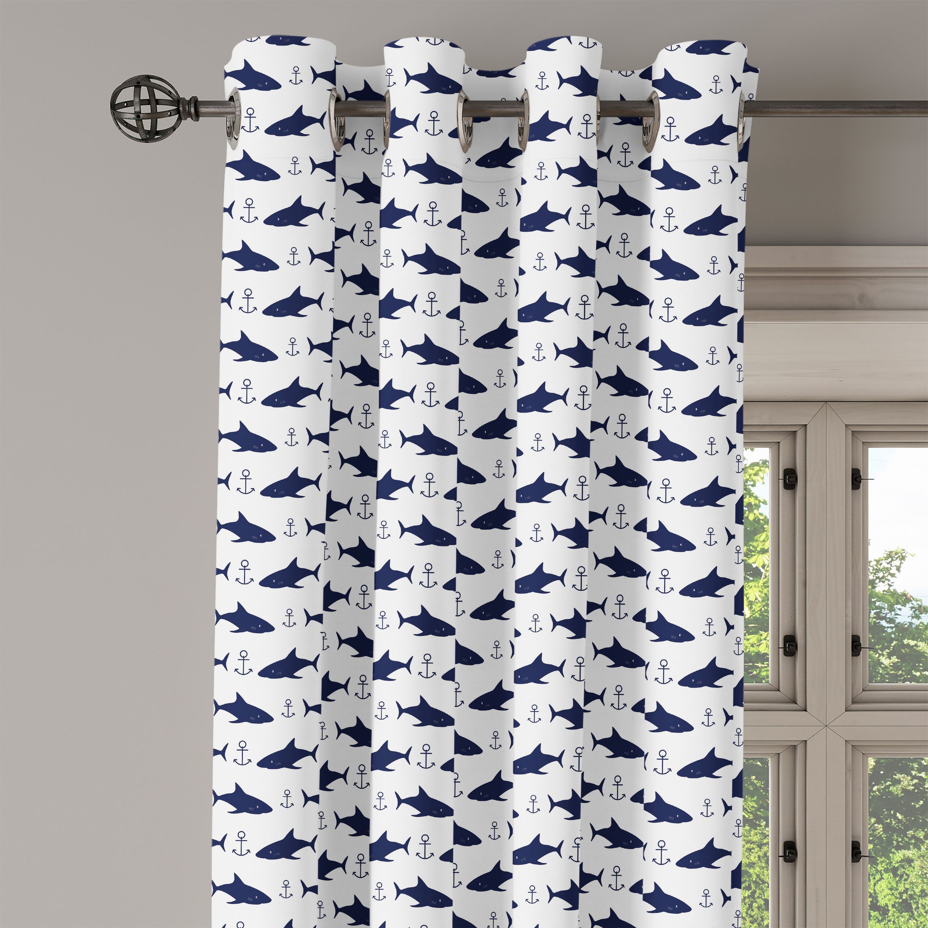 Aquatic Schlafzimmer Anker Gardine Wohnzimmer, Abakuhaus, für Moderne 2-Panel-Fenstervorhänge Dekorative Sharks