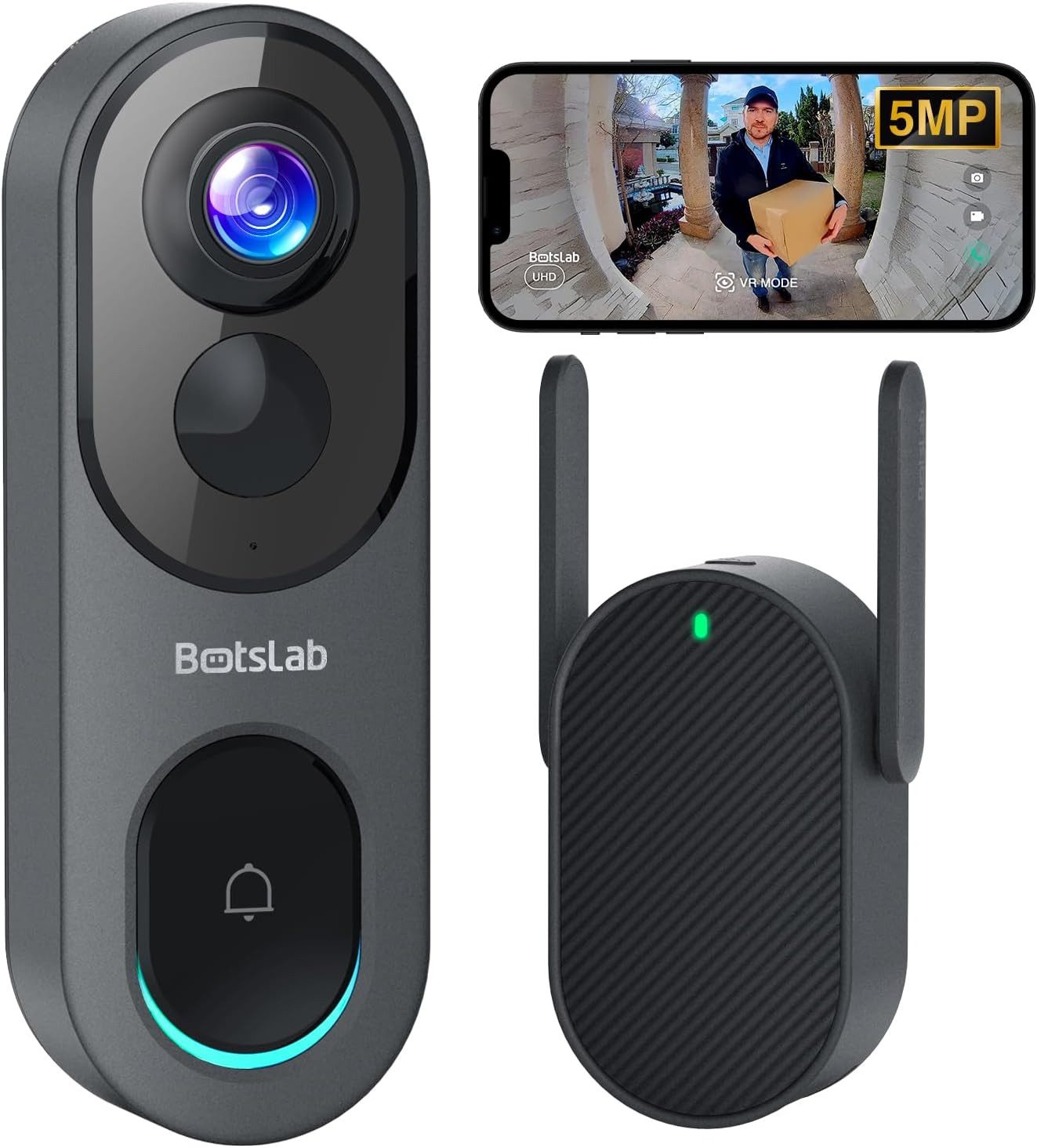 SMARTAI Smart Home Türklingel BOTSLAB 5MP WLAN Türklingel mit Kamera Kabellos (AI/Radar/PIR Erkennung,2,4/5GHz WLAN, Nachtsicht, 2-Wege-Audio,mitGong)