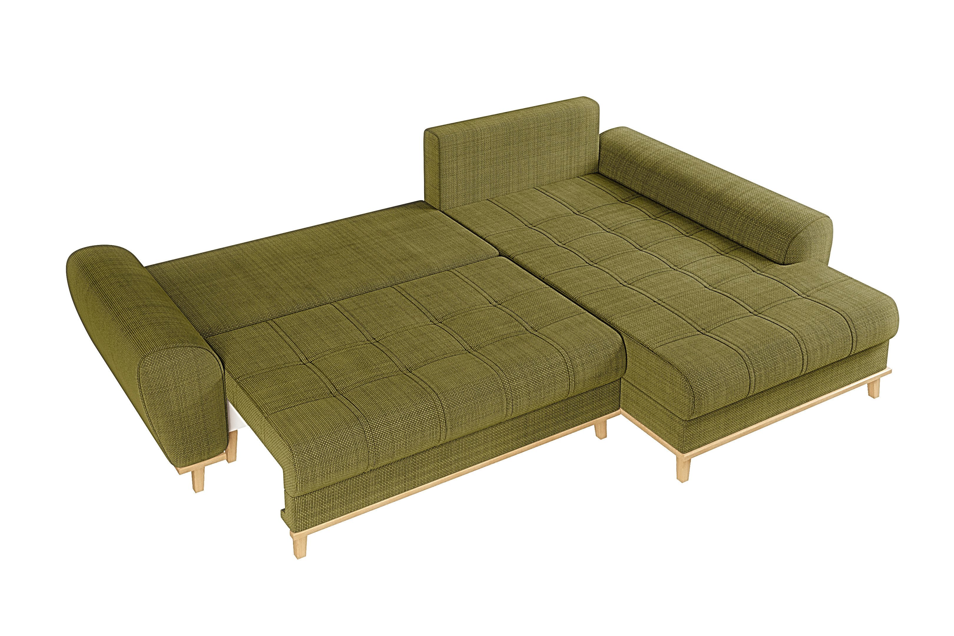 luma-home Ecksofa 21015, im Scandi-Stil mit Schlaffunktion und Bettkasten, Wellenunterfederung, B268/T175/H86 cm, Ottomane rechts, weicher Bouclé Chenille Stoff in Grün
