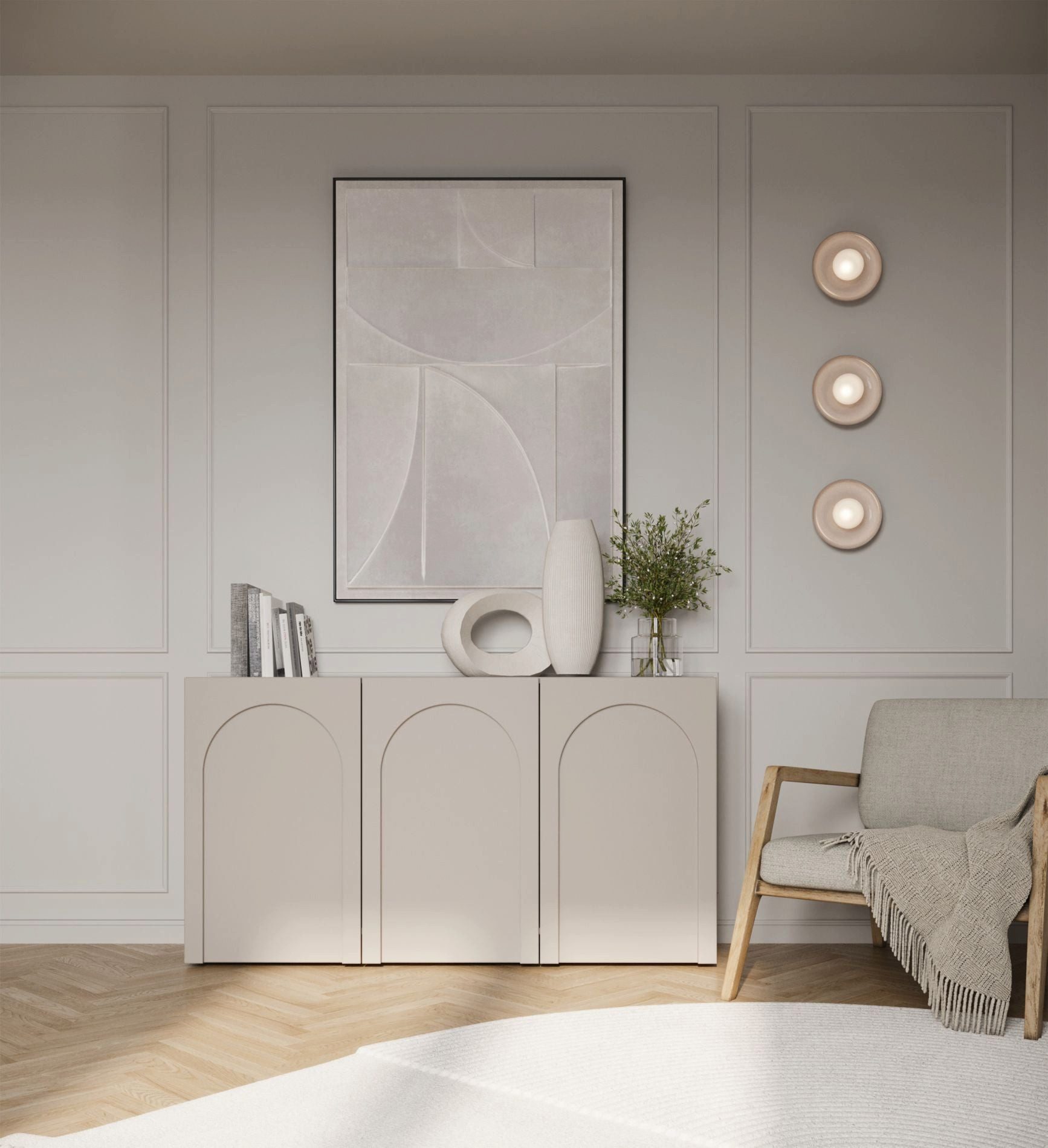 Selsey Sideboard ARKADIA, Sideboard mit grifflosen Türen mit Bogenausschnitt, Greige