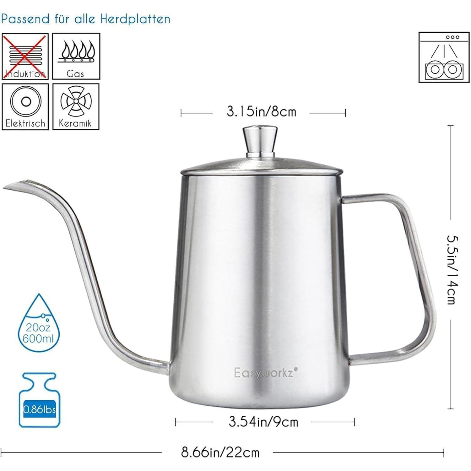 LuxusKollektion Kaffeekanne Kaffeekanne Schwanenhals Edelstahl Handtropfkessel Silber 600 ml