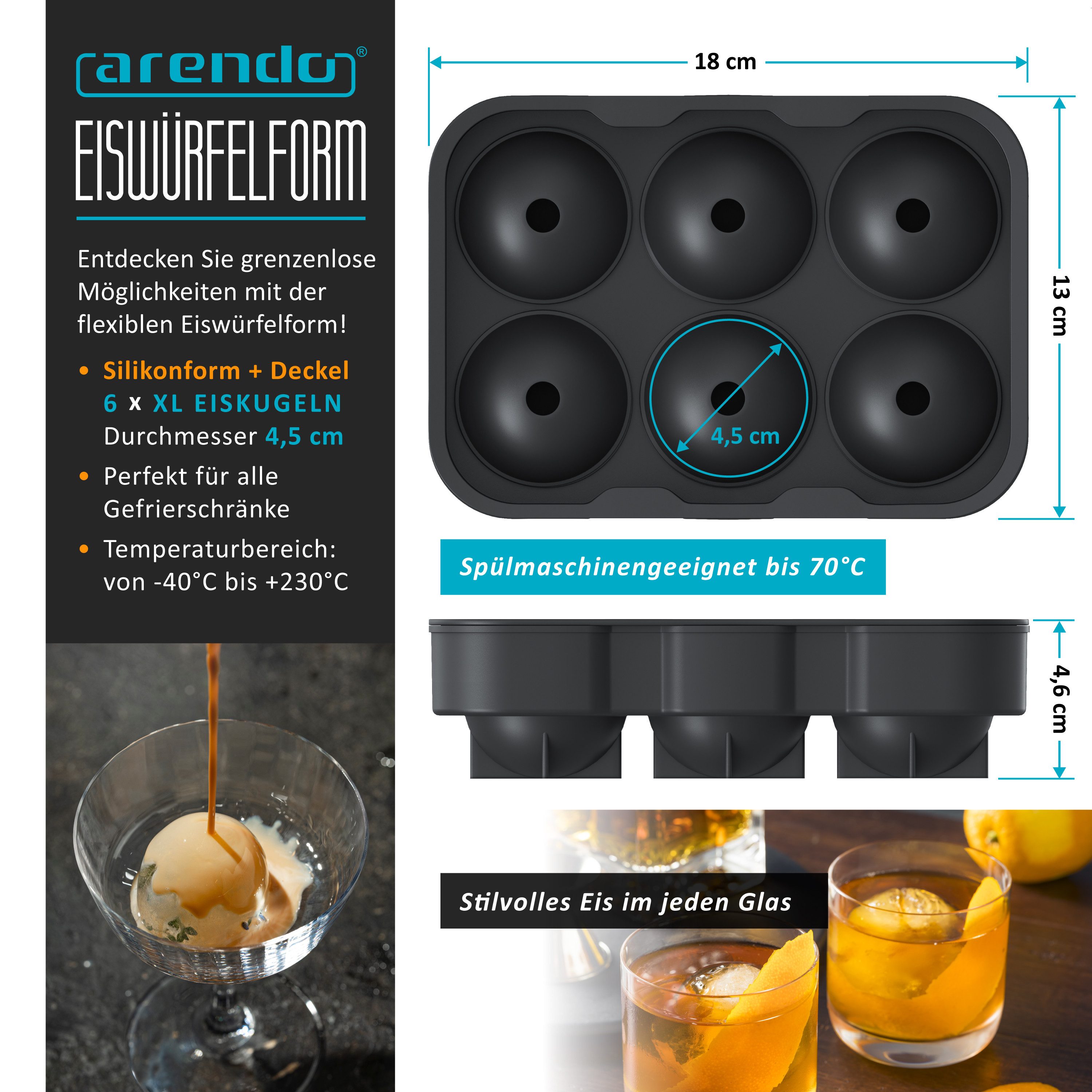 Arendo Eiswürfelform 6x 46ml Kugelform sechsfach mit Trichter & Deckel, extra große Öffnung, (1-tlg), Silikon zum leichten Herauslösen, spülmaschinengeeignet