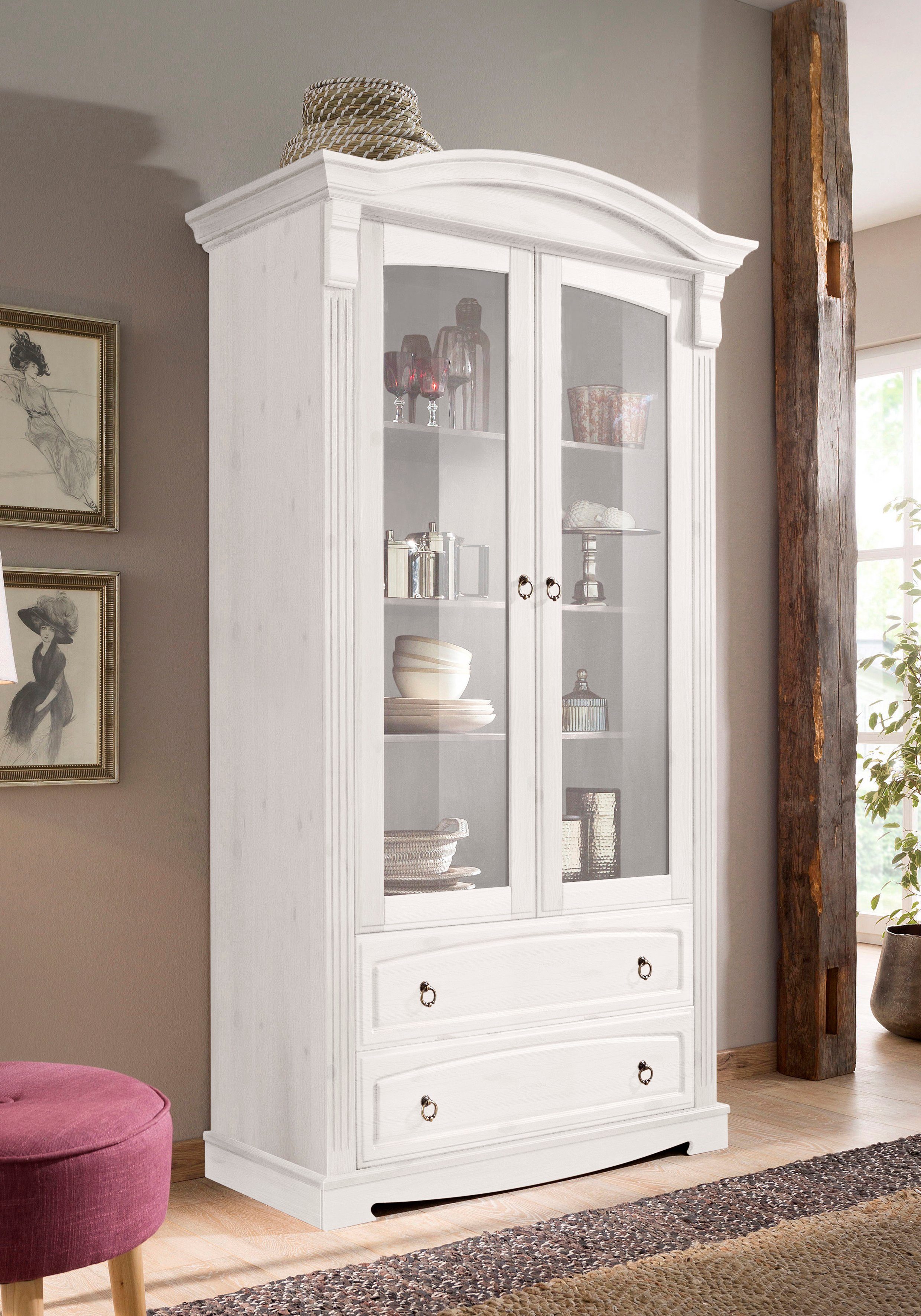 OTTO home Glasvitrine Anna (Gesamtmaße (B/T/H): ca. 97/46/188 cm) mit Glastüren, 2 Schubladen, Höhe 188 cm, aus massiver Kiefer, FSC®