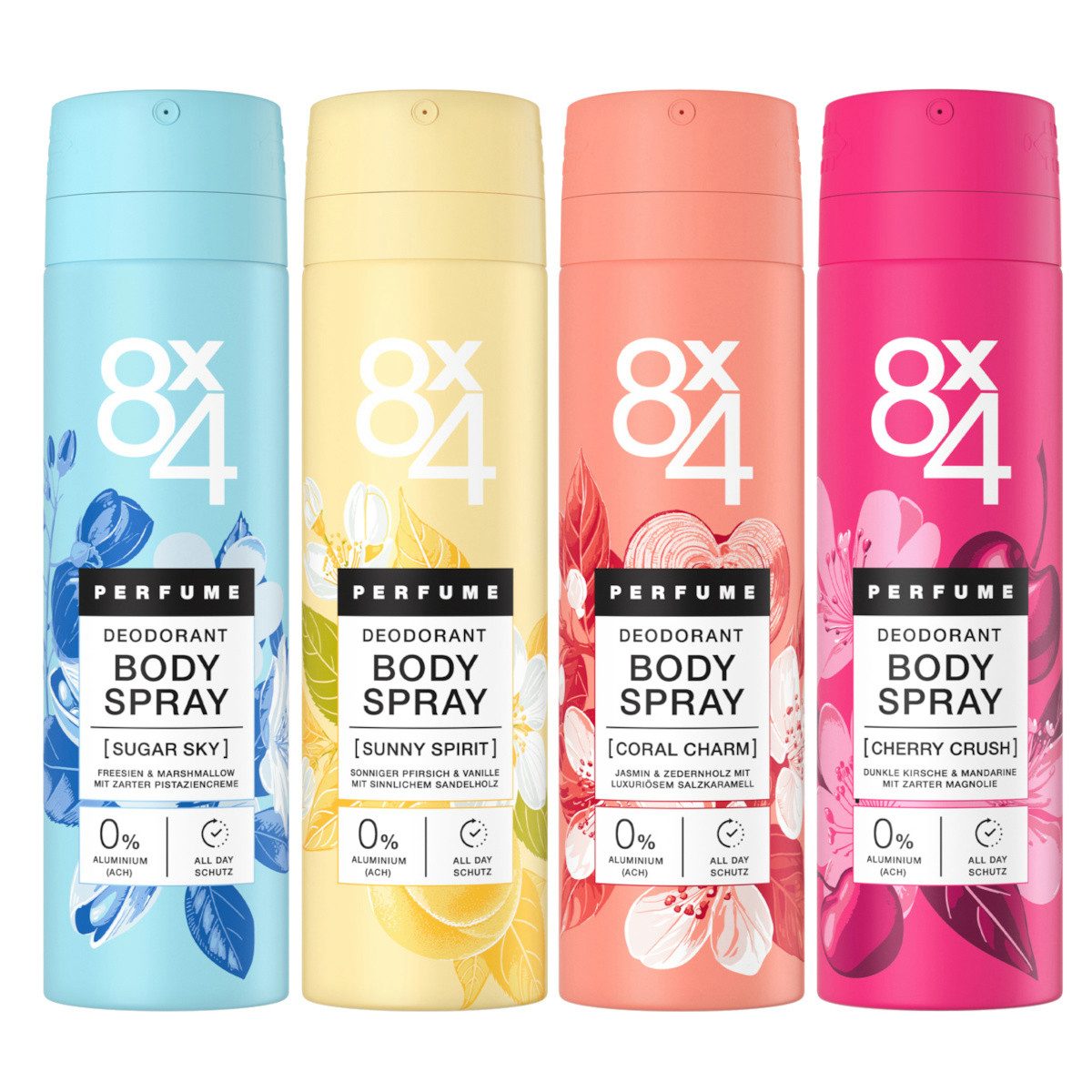 8x4 Bodyspray Parfüm Körperspray 4er Set Vanille Marshmallow Kirsche Jasmin, 4-tlg., Parfüminspirierter Duft