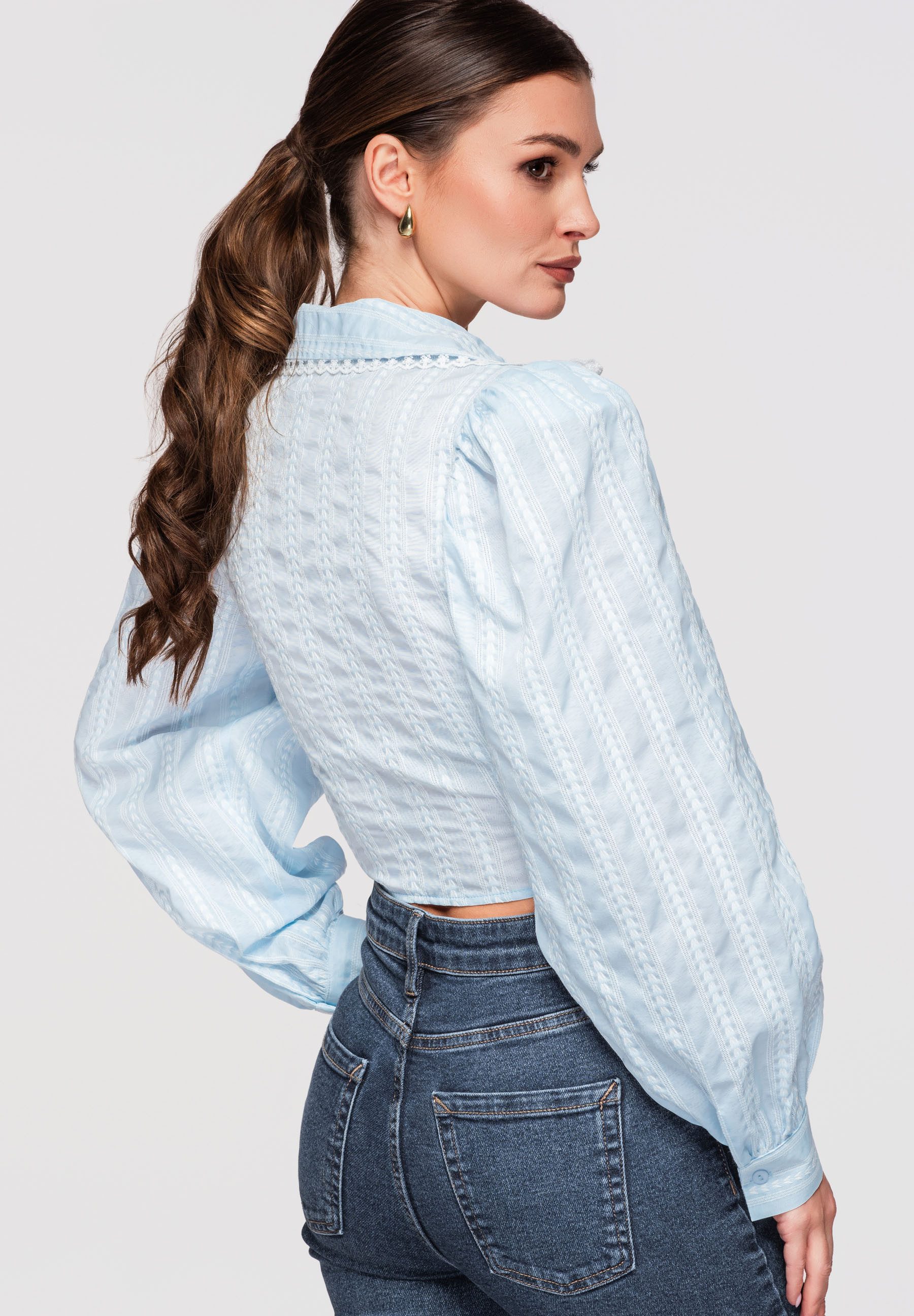 OMBRE Langarmbluse Damen Wickelbluse Kurz Slim Fit Blau L (kein Set, 1-tlg) Wickelbluse, taillierter Schnitt, Bindeband in der Taille
