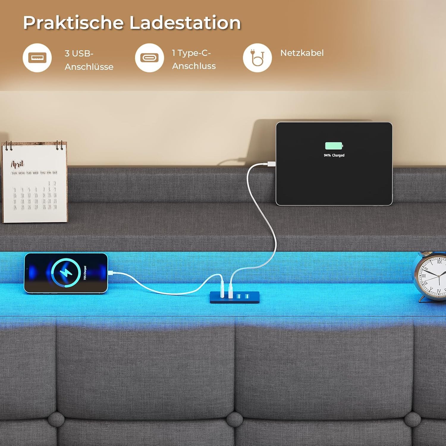 MSMASK Polsterbett Bettrahmen mit LED-Beleuchtung und Ladestation (1-tlg., Ohne Matratze), Jugendbett Bettgestll