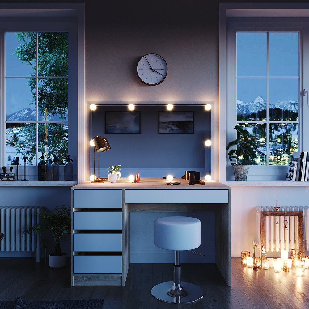 Schminktisch Sherry, Sonoma/Weiß, 120 cm mit LED Beleuchtung und Hocker