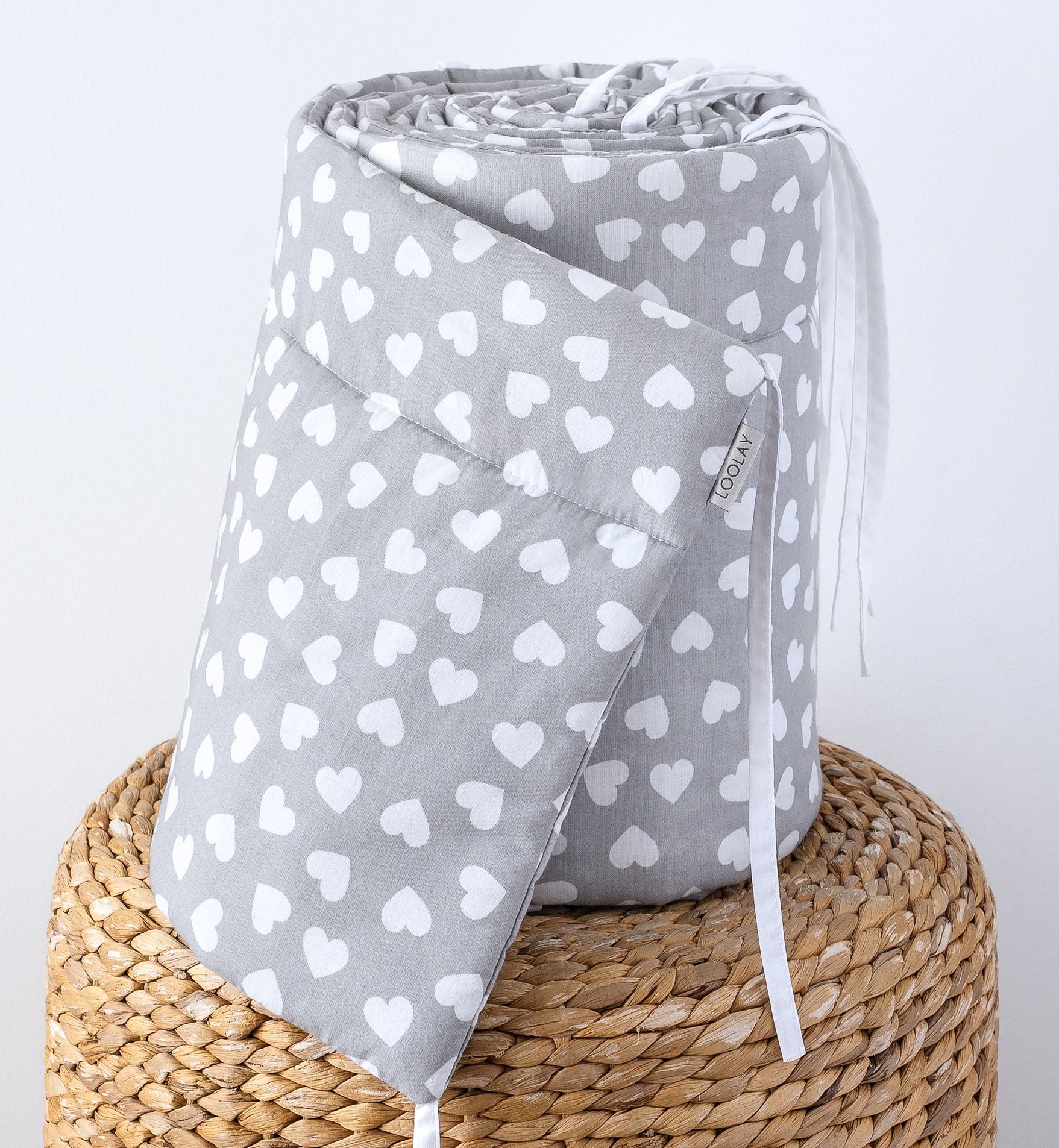 Loolay Bettnestchen GRAU WEIß Baumwolle BETTUMRANDUNG Babybett 420, 360, 210, 180 x 30cm, (Babyausstattung Babynest Kopfschutz Kantenschutz Baby, 100% Baumwolle Babybett Bettschutzgitter Umrandung), LOOLAY® - 100% Europäische Stoffe und Kleinserien-Nähen!