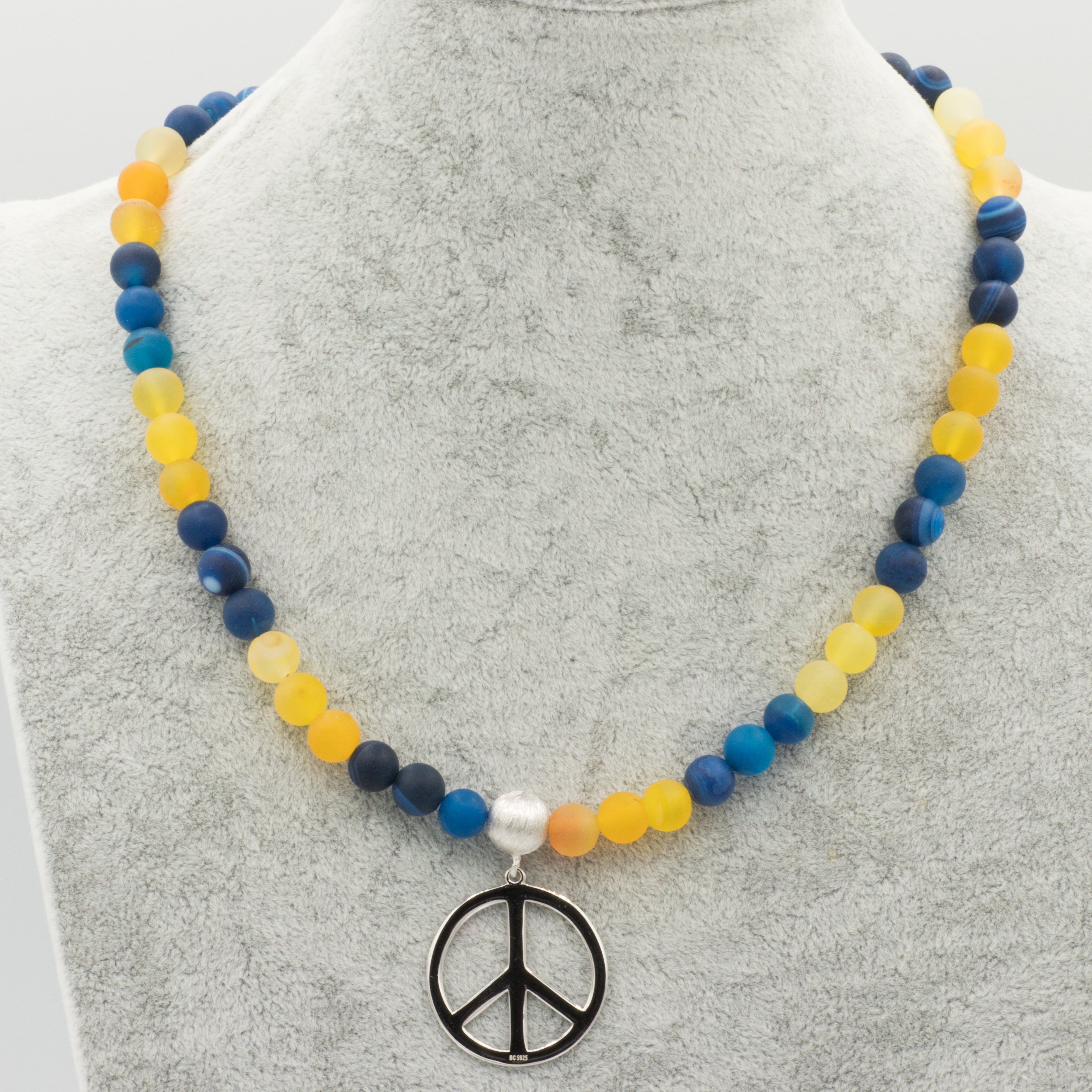 Bella Carina Perlenkette Flagge Peace Farben gelb blau der mit gelb Peace in Zeichen den Achat aus mit Kette Silber, Ukraine Ukraine Zeichen 925 blau der