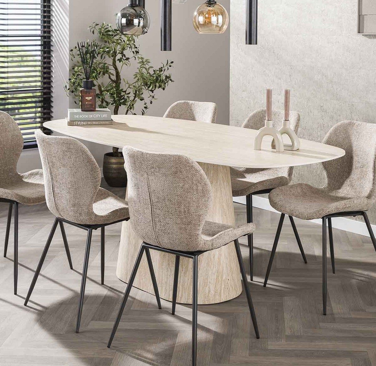 Maison ESTO Esstisch Esszimmertisch „Percino“ – Eleganz in Travertin-Optik 180 cm oval, Keramik-Tischplatte - mit einem Mittelfuß