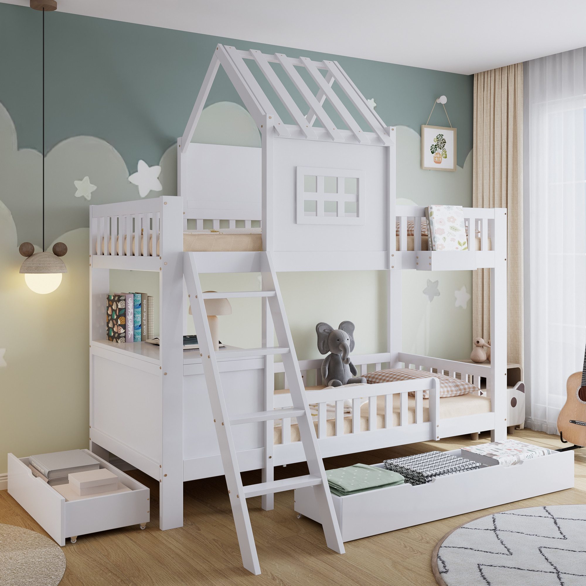 Flieks Etagenbett, Kinderbett Hausbett 90x200cm mit Schreibtisch und 2 Schu günstig online kaufen