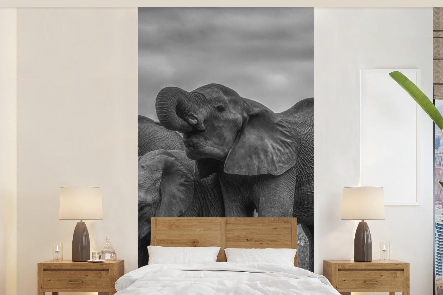 MuchoWow - Elefant Fototapete weiß, Vliestapete Tiere (2 Wohnzimmer Fototapete Küche, Wasser - Matt, St), - und Schwarz bedruckt, für Schlafzimmer