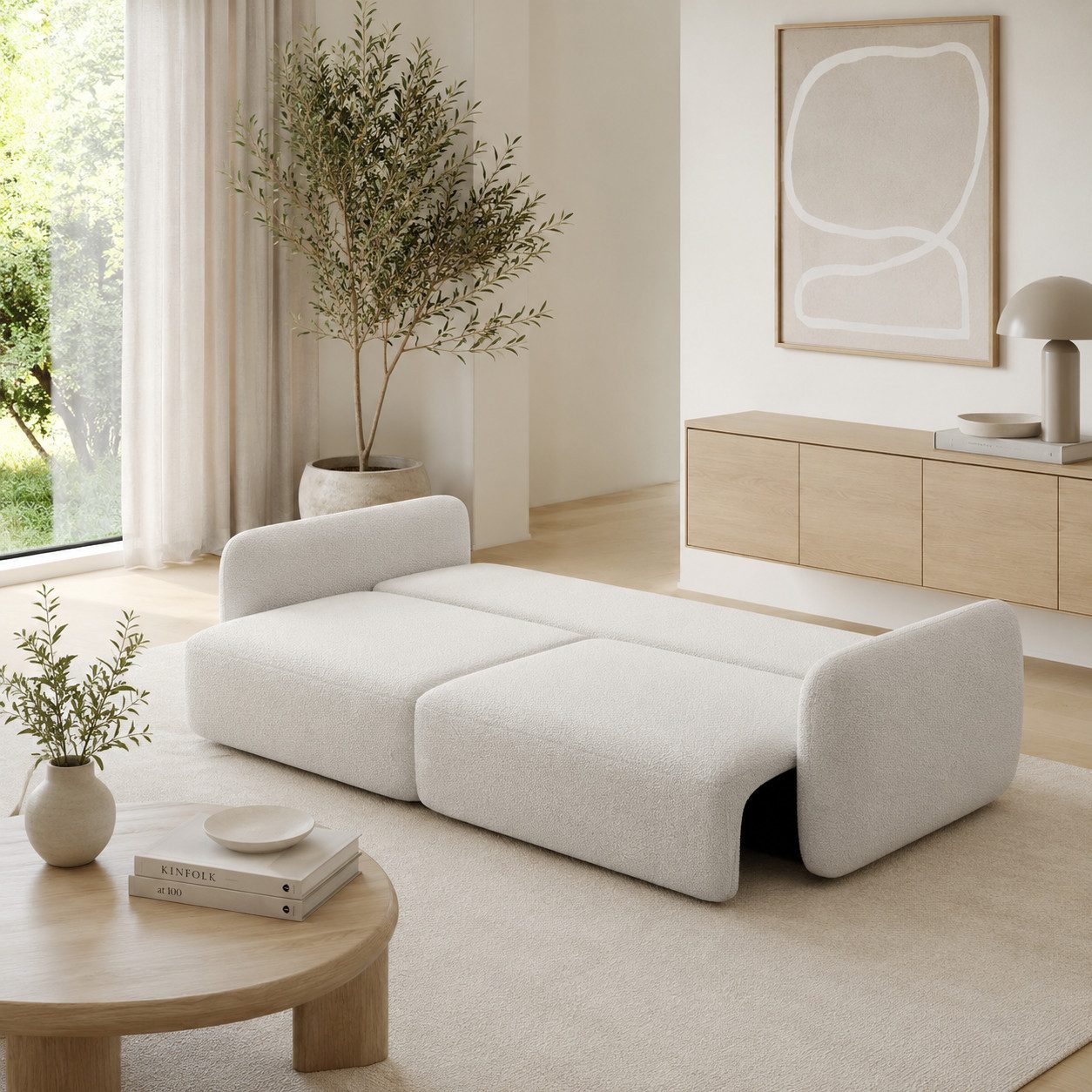 Goldstoff Schlafsofa Boo mit Bouclé-Stoff Designer Couch - modernes Sofa, Dekorative runde Kissen, ausziehbare Liegefläche