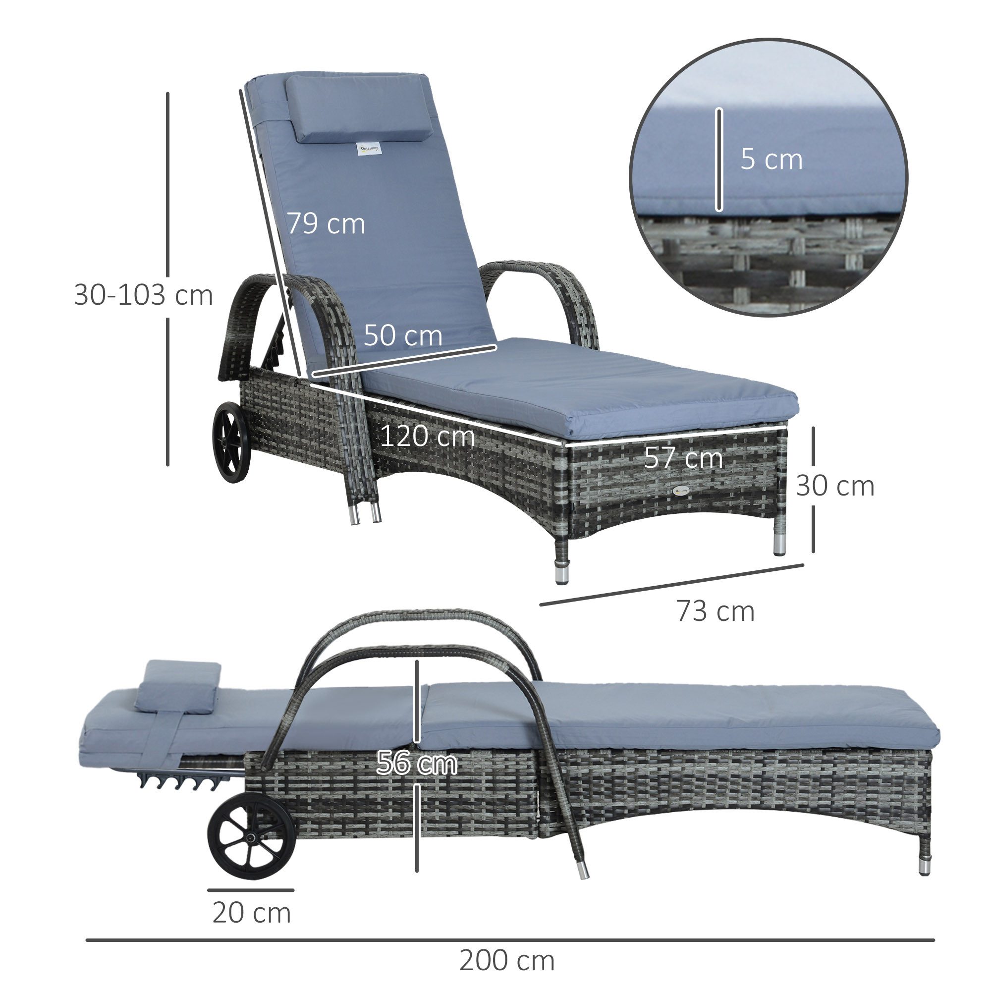 Outsunny Gartenliege mit 5-Fach verstellbarer Rücklehne, Polsterauflage, Rollen, Kissen, Liege, 1 St., Sonnenliege, 160 kg belastbar, für Garten, 200x73x30-103cm, Grau
