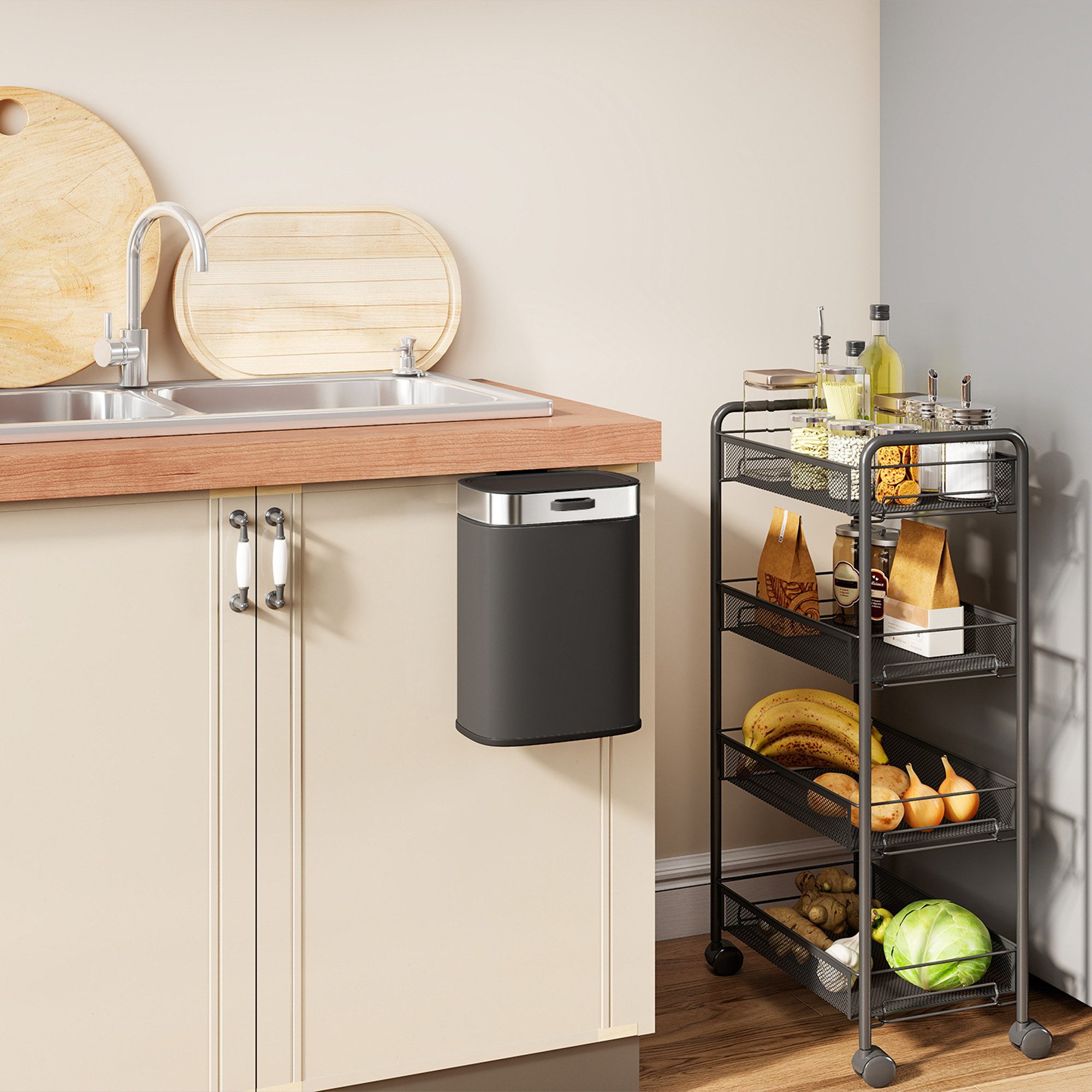 HOMCOM Mülltrennsystem Mülleimer Hängend mit Druck-Öffnen Feststelldeckel, Edelstahl, für Küchenschranktür, unter der Spüle, Schlafzimmer, Büro, Schwarz