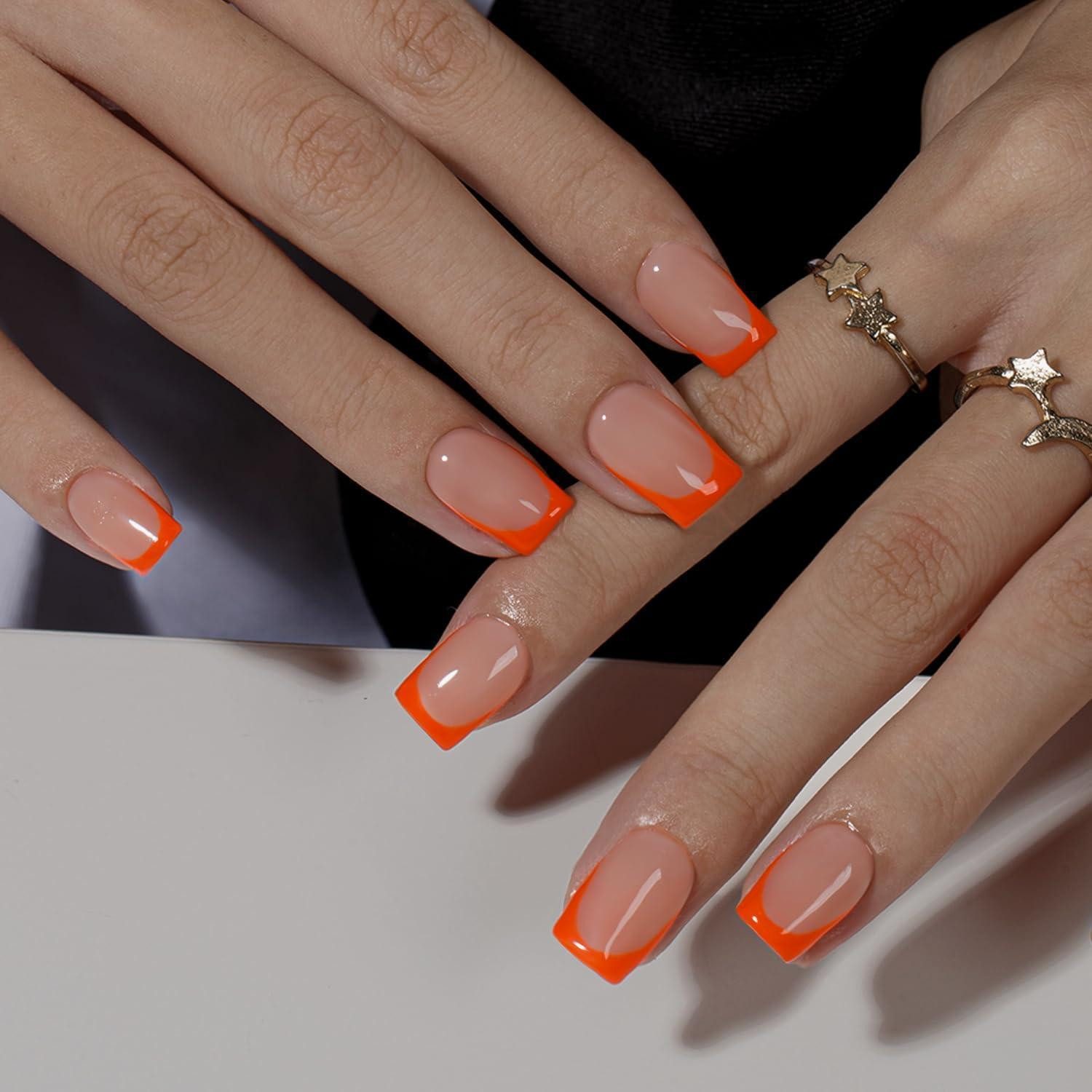 LuxusKollektion Kunstfingernägel Künstliche Nägel Kurz Eckig French Tip Orange 30 Stück Neon Orange
