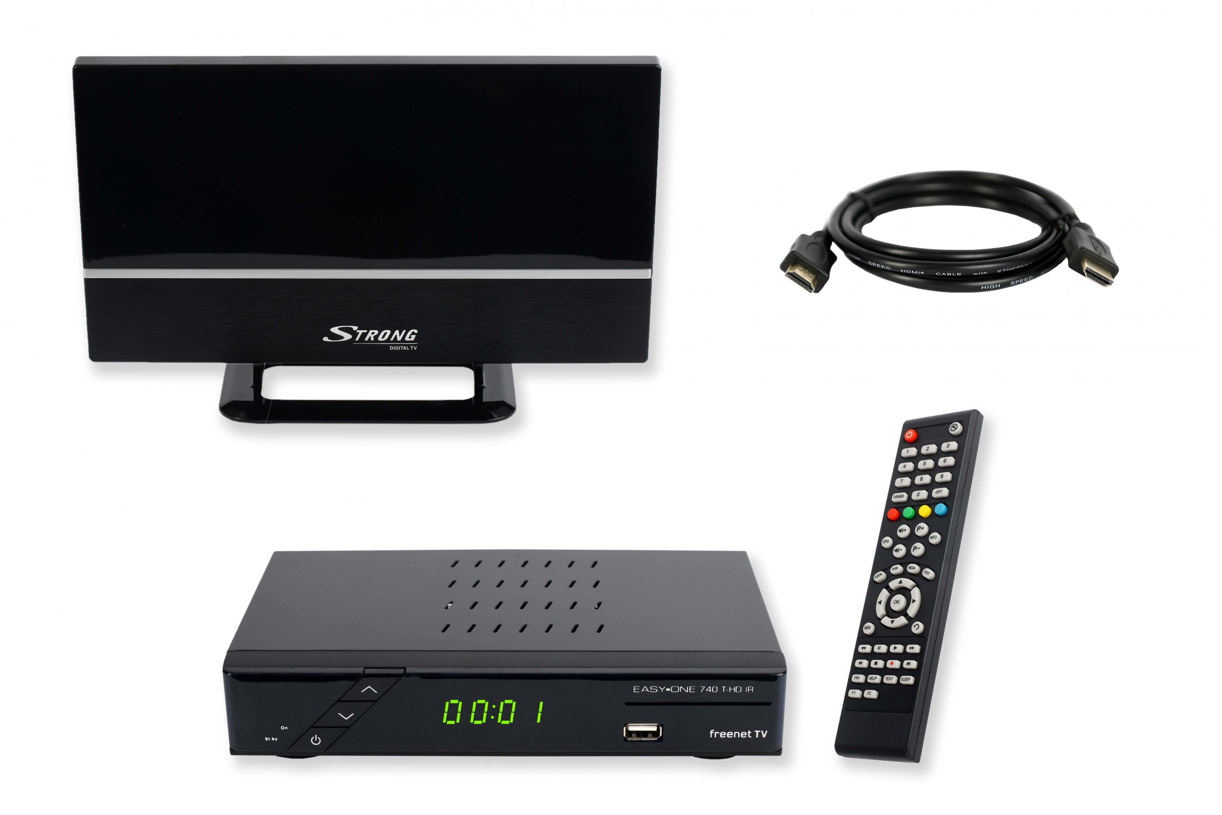 EasyOne 740 HD freenet TV DVB-T2 HD Receiver (2m HDMI Kabel, aktive DVB-T2 Antenne)