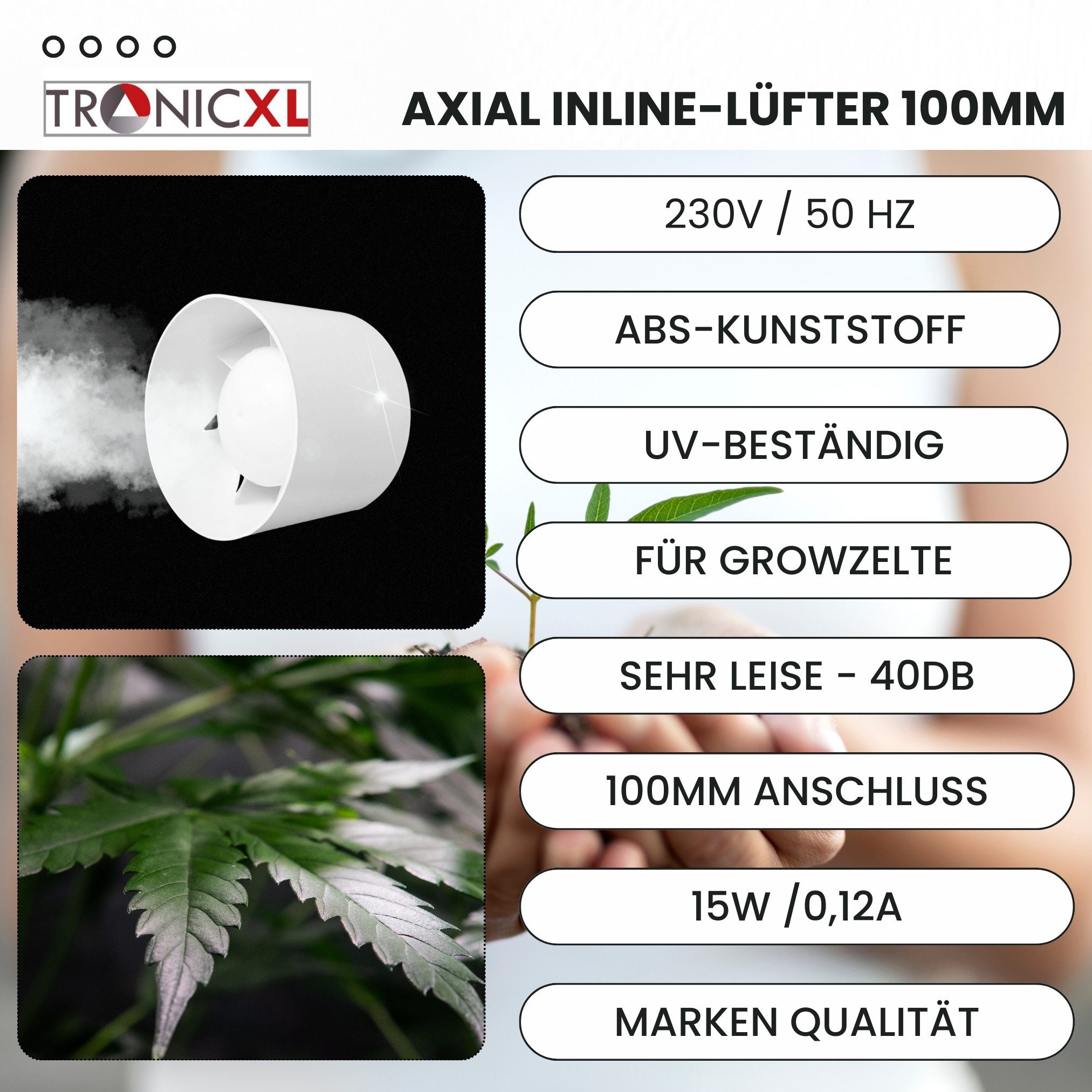 TronicXL Turboventilator 100mm Abluft Zuluft Grow Lüfter Inline Ventilator Rohrlüfter Grower, für Growbox Growzelt Growschrank Zubehör Abluftventilator