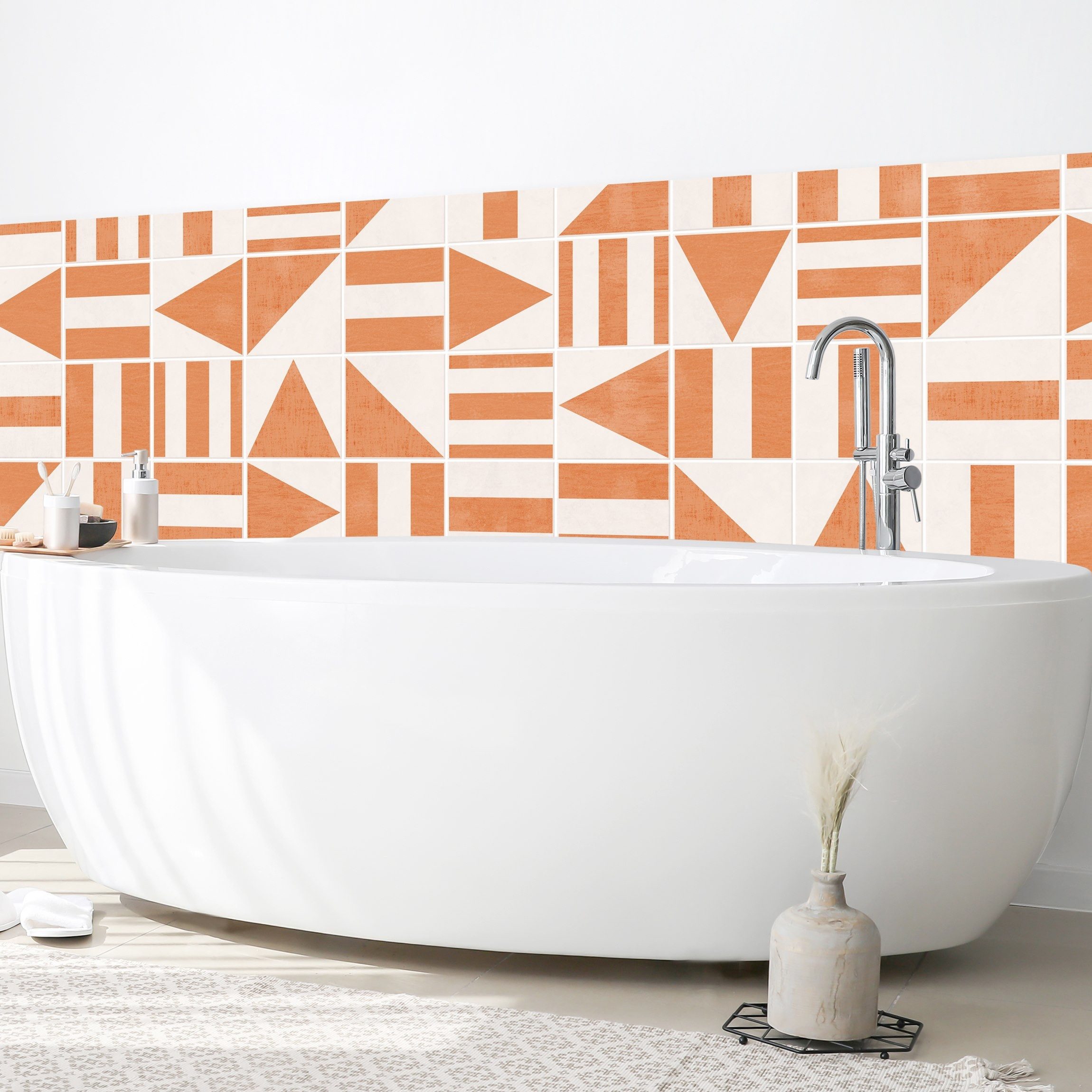 Bilderdepot24 Badrückwand orange fugenlose Wandverkleidung Bad Abstrakt, (Hartfolie matt » Selbstklebend SMART 0,35 mm), wasserfestes Wandpaneel Geometrisch Apricot Shabby
