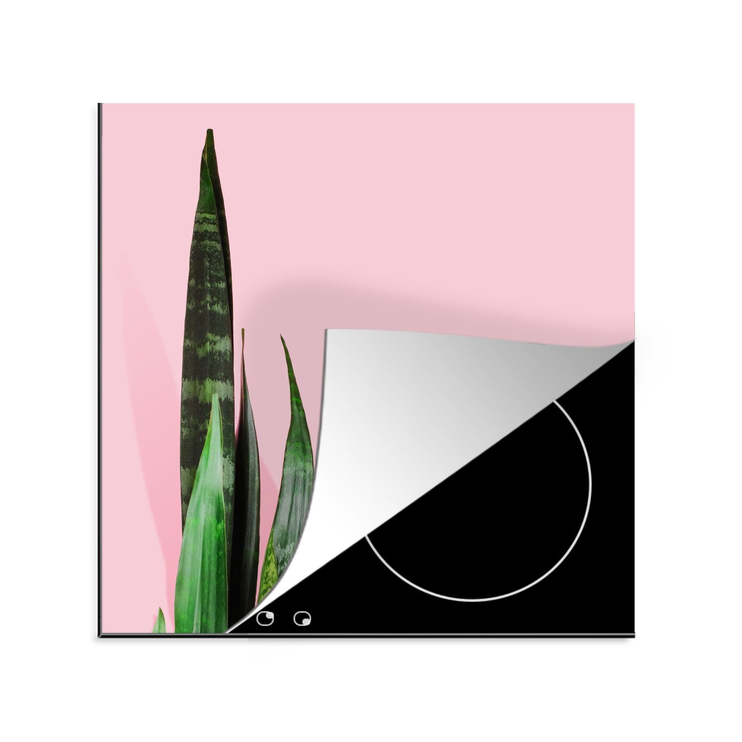 MuchoWow Herdblende-/Abdeckplatte Große Zimmerpflanze auf rosa Hintergrund, Vinyl, (1 tlg), 78x78 cm, Ceranfeldabdeckung, Arbeitsplatte für küche