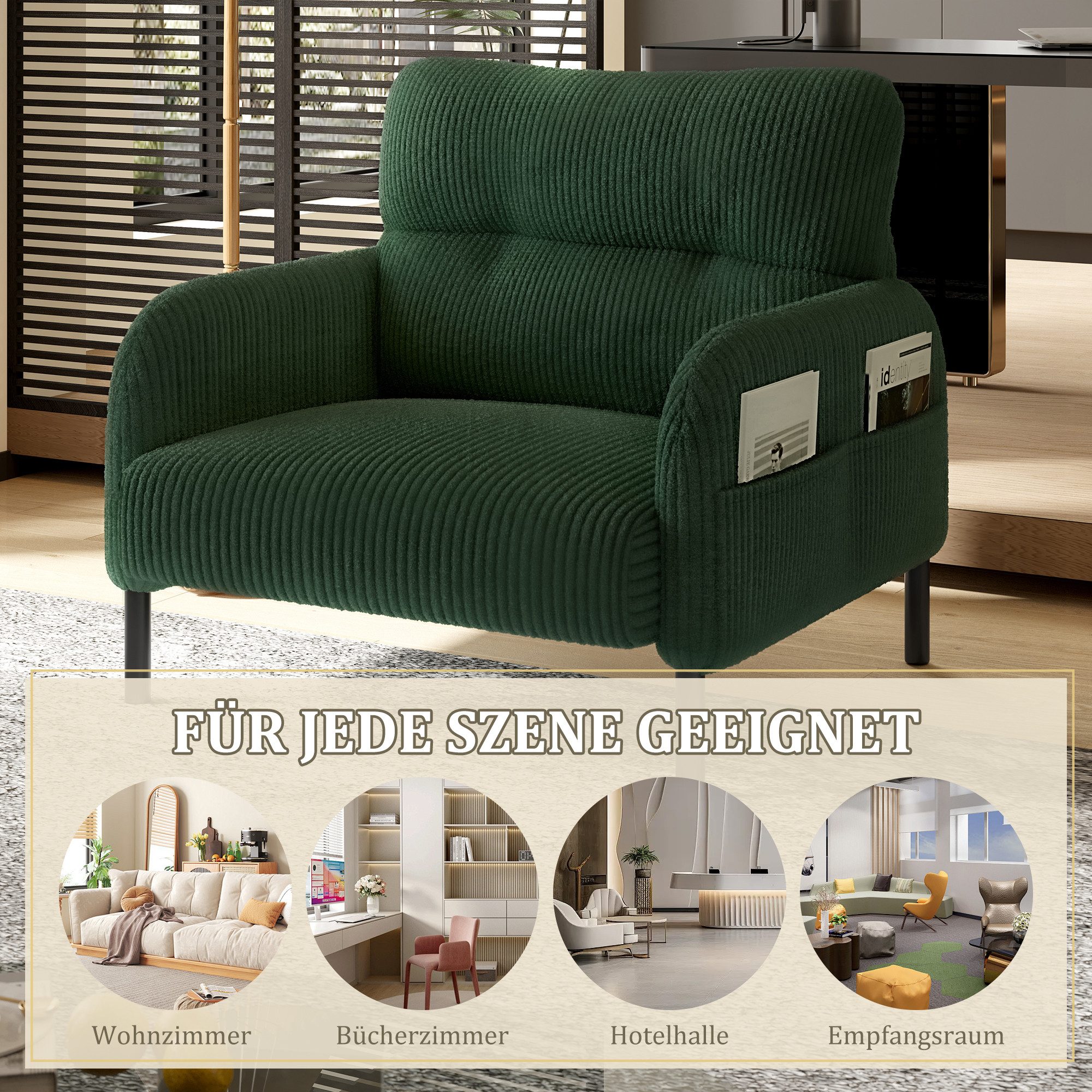 Celya Sessel Relaxsessel Polsterstuhl Loungesessel, Cordstoff (1-St, 67x75x79 cm, Armlehnen mit Seitentaschen auf beiden Seiten), geeignet für Wohnzimmer, Schla – Bild 3 von 5