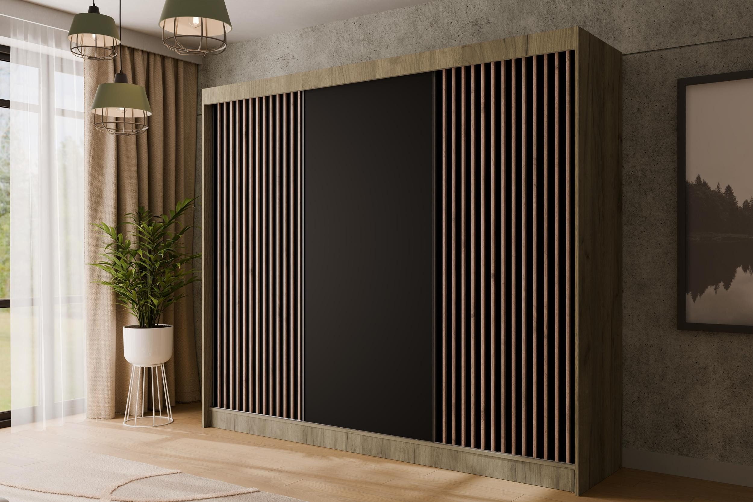 ALTDECOR Schiebetürenschrank VILANv2 (Kleiderschrank Garderobenschrank mit viel Stauraum Moderner Schrank) Vielseitiger Schwebetürenschrank Lamellen LED Beleuchtung