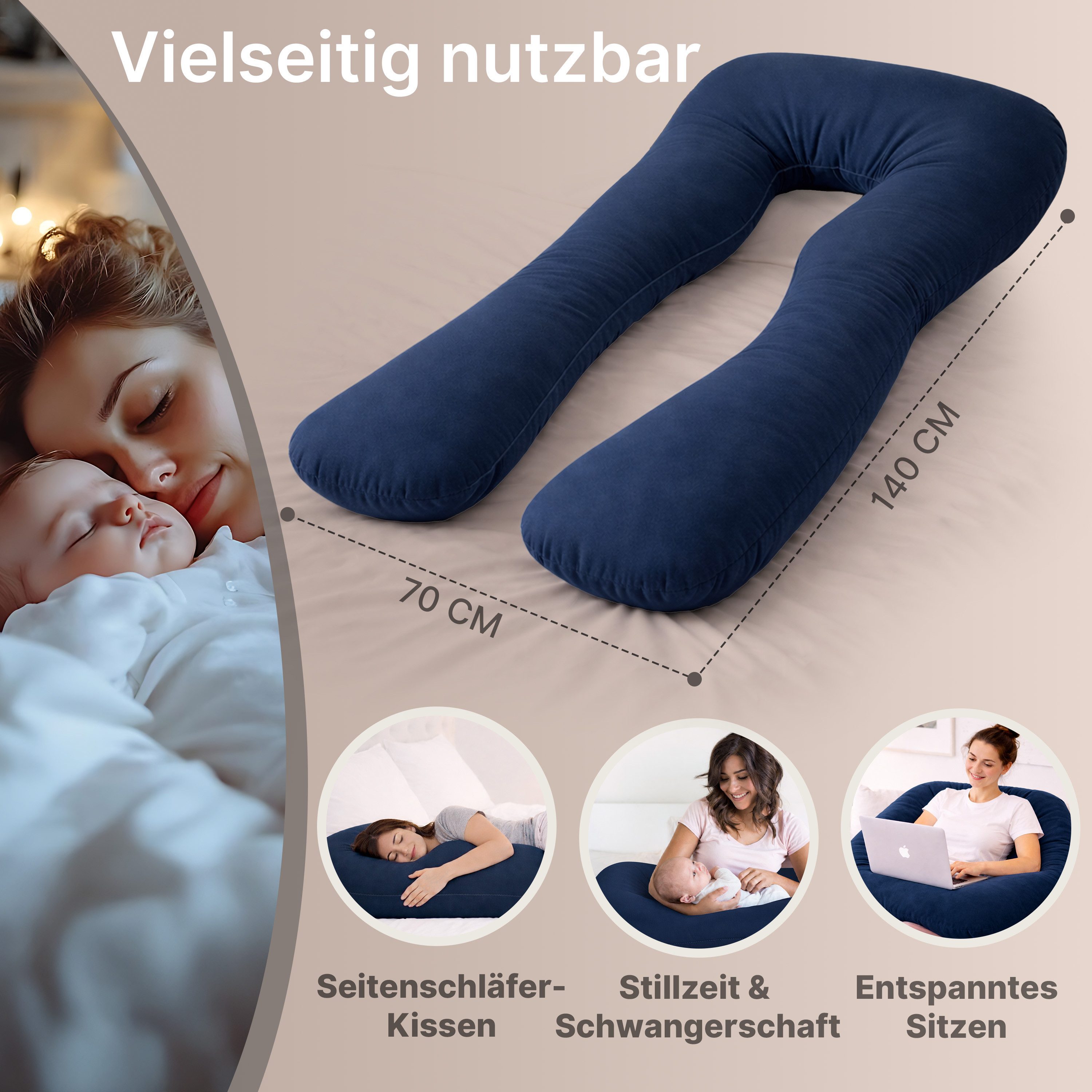 ELONEO Seitenschläferkissen XXL - Multifunktionskissen mit Bezug, formstabil, druckentlastend, bequem