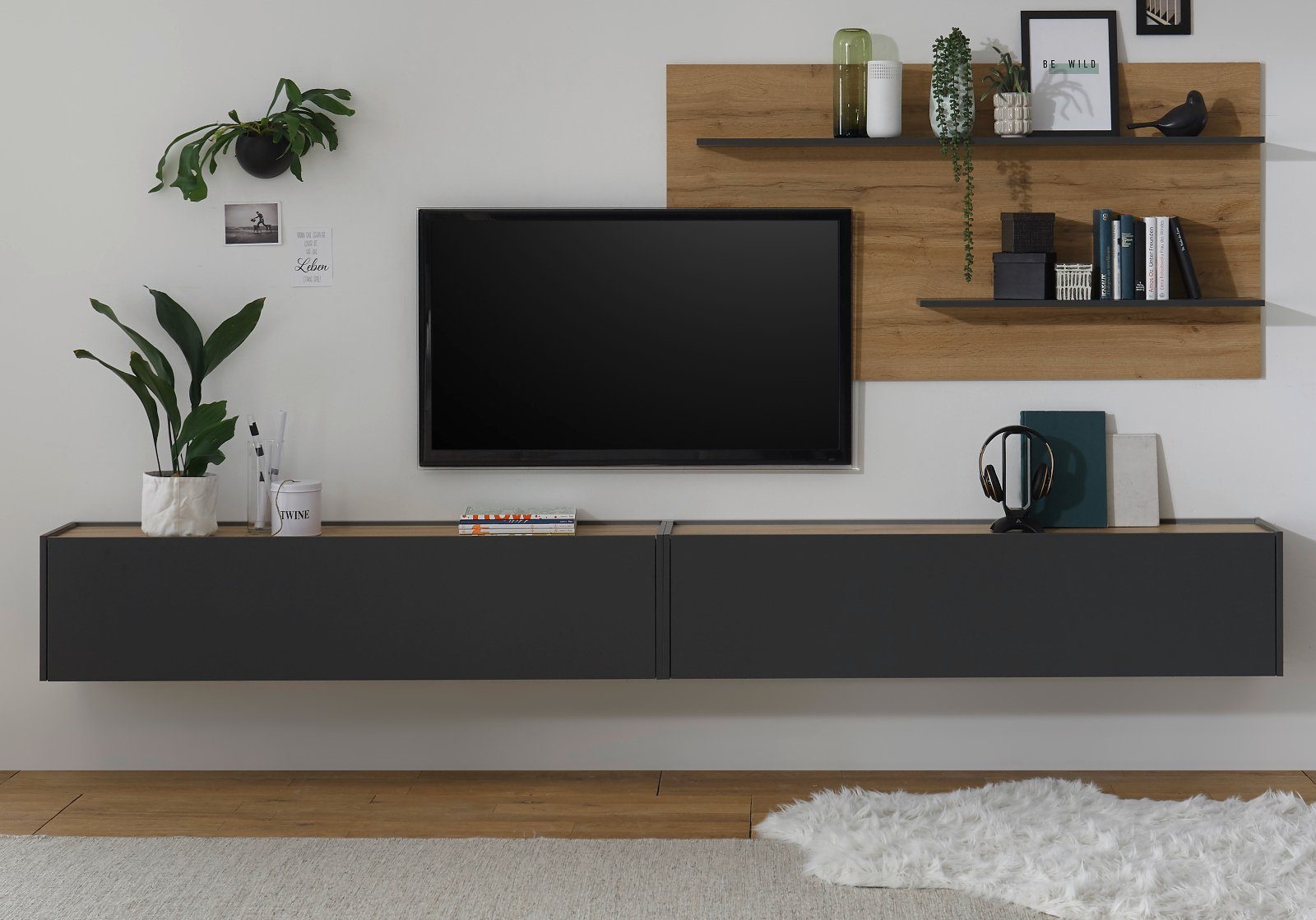 Furn.Design Wohnwand Center, (in grau mit Wotan Eiche, Breite 300 cm), mit XXL TV Lowboard