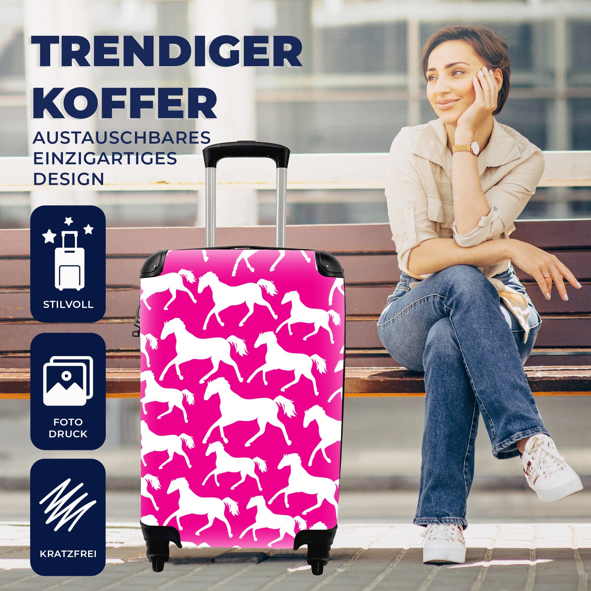 - Weiß Reisekoffer Trolley, - - - Rollen, rollen, Rosa - Pferde Handgepäck Mädchen, Kinder mit 4 Reisetasche Handgepäckkoffer Ferien, MuchoWow für Mädchen