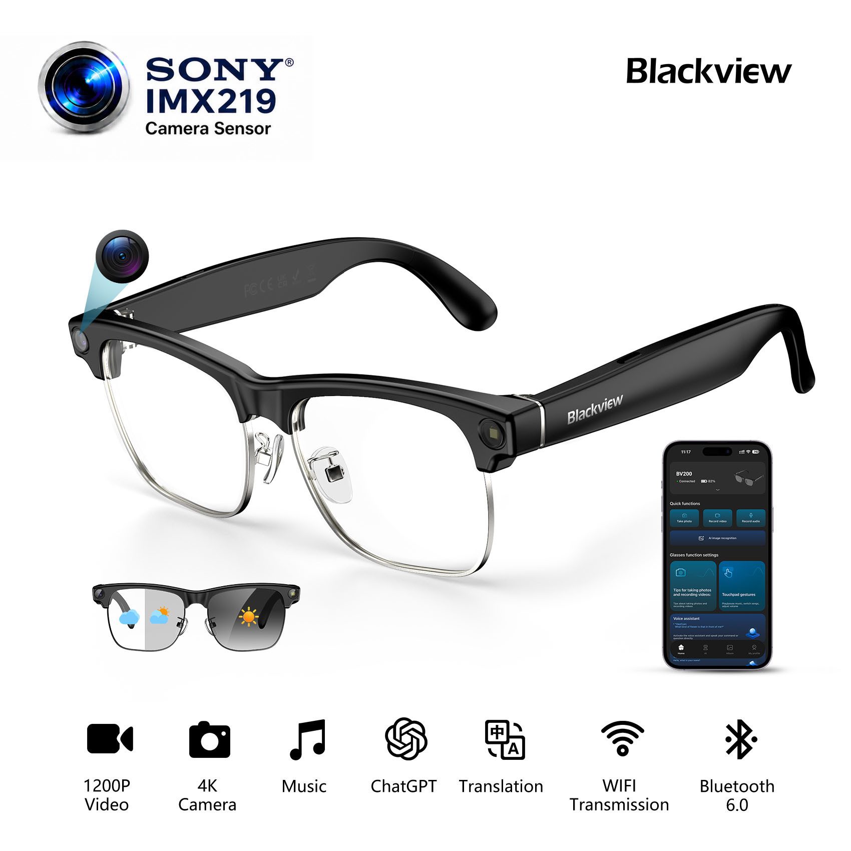 blackview Sonnenbrille 2026 Neue BV200 AI Shooting Glasses,Premium KI-Kamera-Brille (Set, ChatGPT, Bluetooth 6.0 und Open-Ear HiFi Sound) Mit Sony IMX219 Sensor,Fotografieren, filmen, kommunizieren,übersetzen