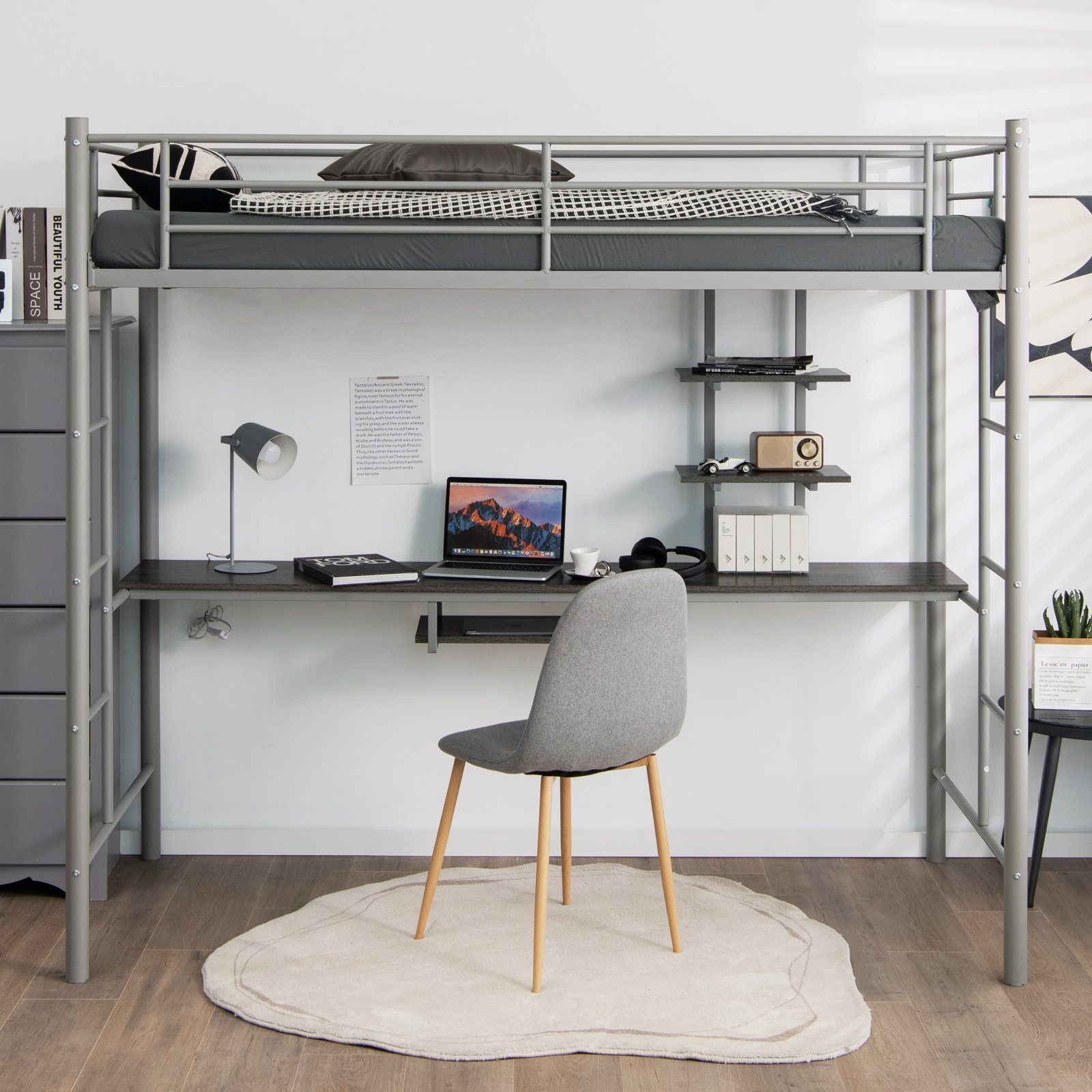 COSTWAY Hochbett mit Schreibtisch & Regalen, 2 Leitern, für Teenager & Erwachsene
