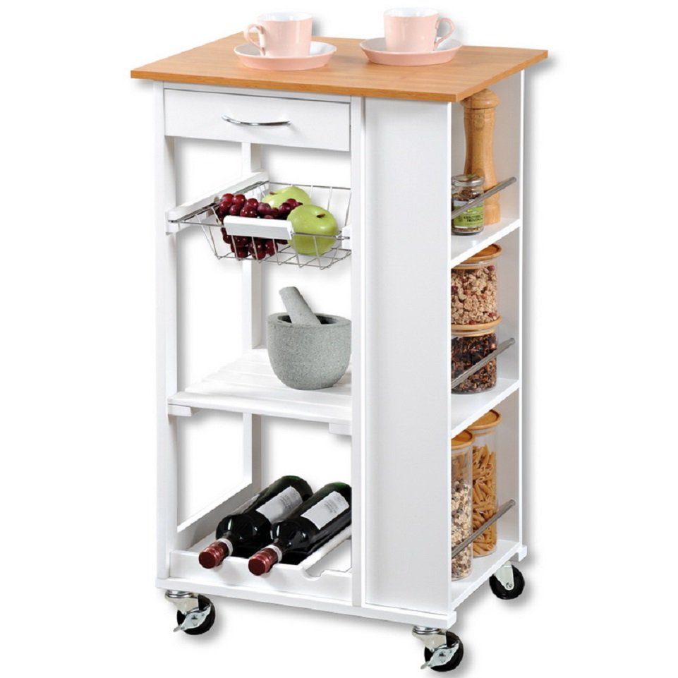 KESPER for kitchen & home Küchenwagen Servierwagen Universalwagen Küche, auf 4 Rädern, zwei davon haben Stopper weiß/Bambusoptik