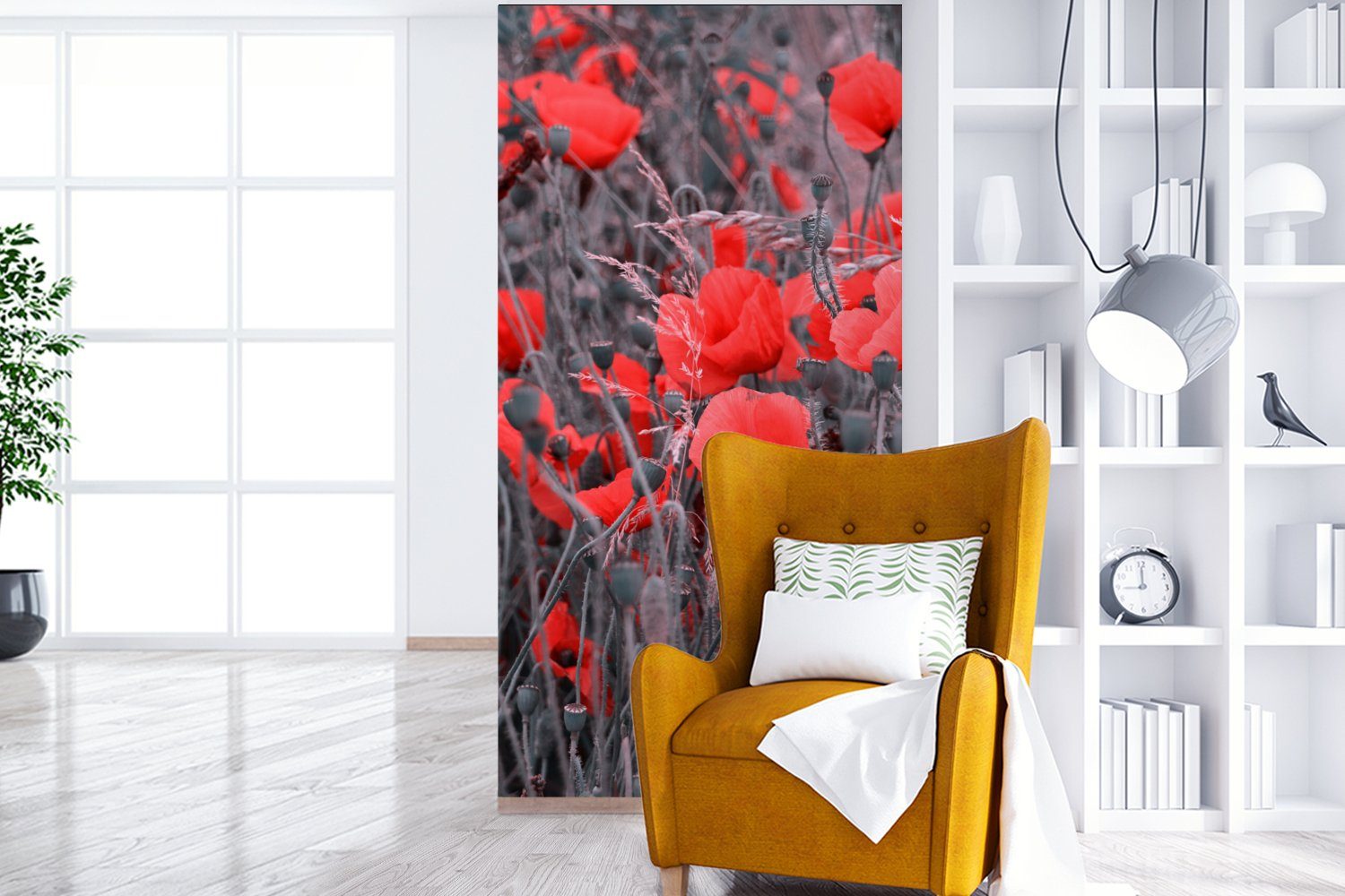 MuchoWow Fototapete einem Vliestapete Mohnblumen Schwarz-Weiß-Bild, bedruckt, Rote Wohnzimmer Fototapete Matt, (2 Schlafzimmer Küche, in St), für
