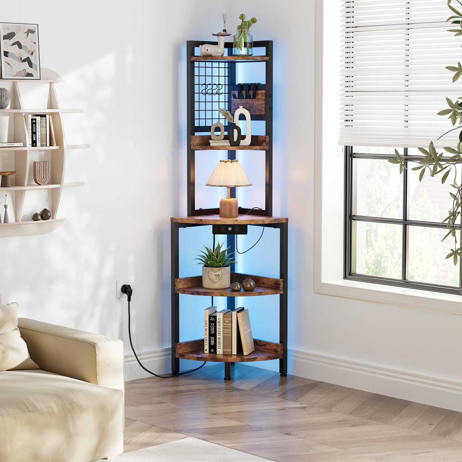 Dripex Eckregal 5 Ebenen mit Steckdosen und LED Beleuchtung 40x40x152cm – Bild 3 von 5