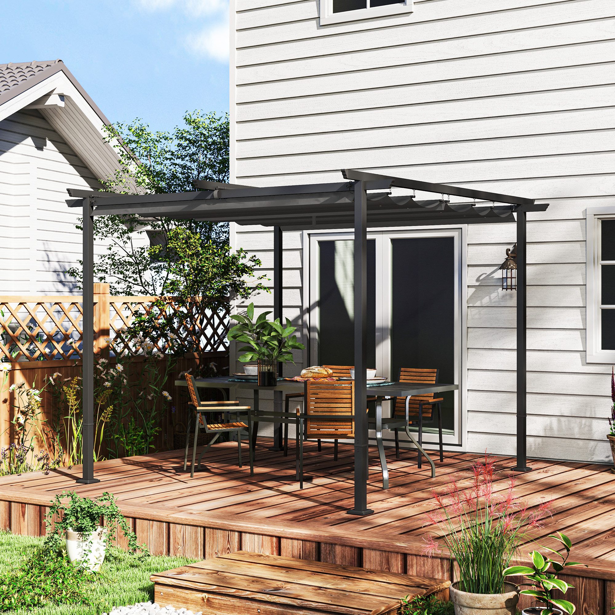 Outsunny Pergola aus Metall, mit Verstellbares Dach, UV Schutz 30+, (Terrassendachung, 1-tlg., Gartenpavillon), Freistehender Sonnenschutz für Terrasse und Garten, Dunkelgrau