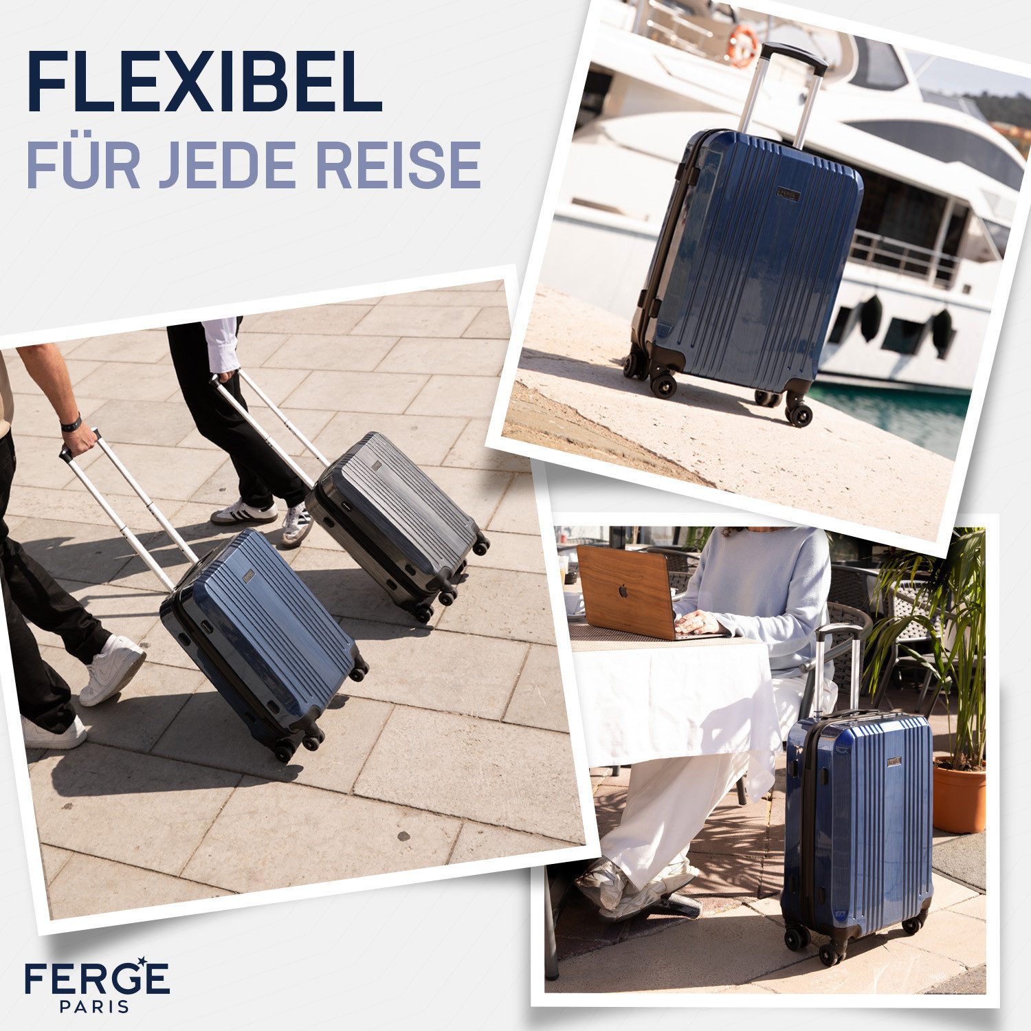 FERGÉ Kofferset Hartschale 3 teilig Koffer Set CANNES TSA-Schoß, 4 Rollen, (3er Kofferset stabil und leicht mit Zahlenschloß, 3 tlg., Hartschalen-Trolley Set 3 Größen Handgepäck Koffer M XL), Trolley 3er Koffer Set, Premium Reisekoffer 4 Doppelrollen TSA-Schloss