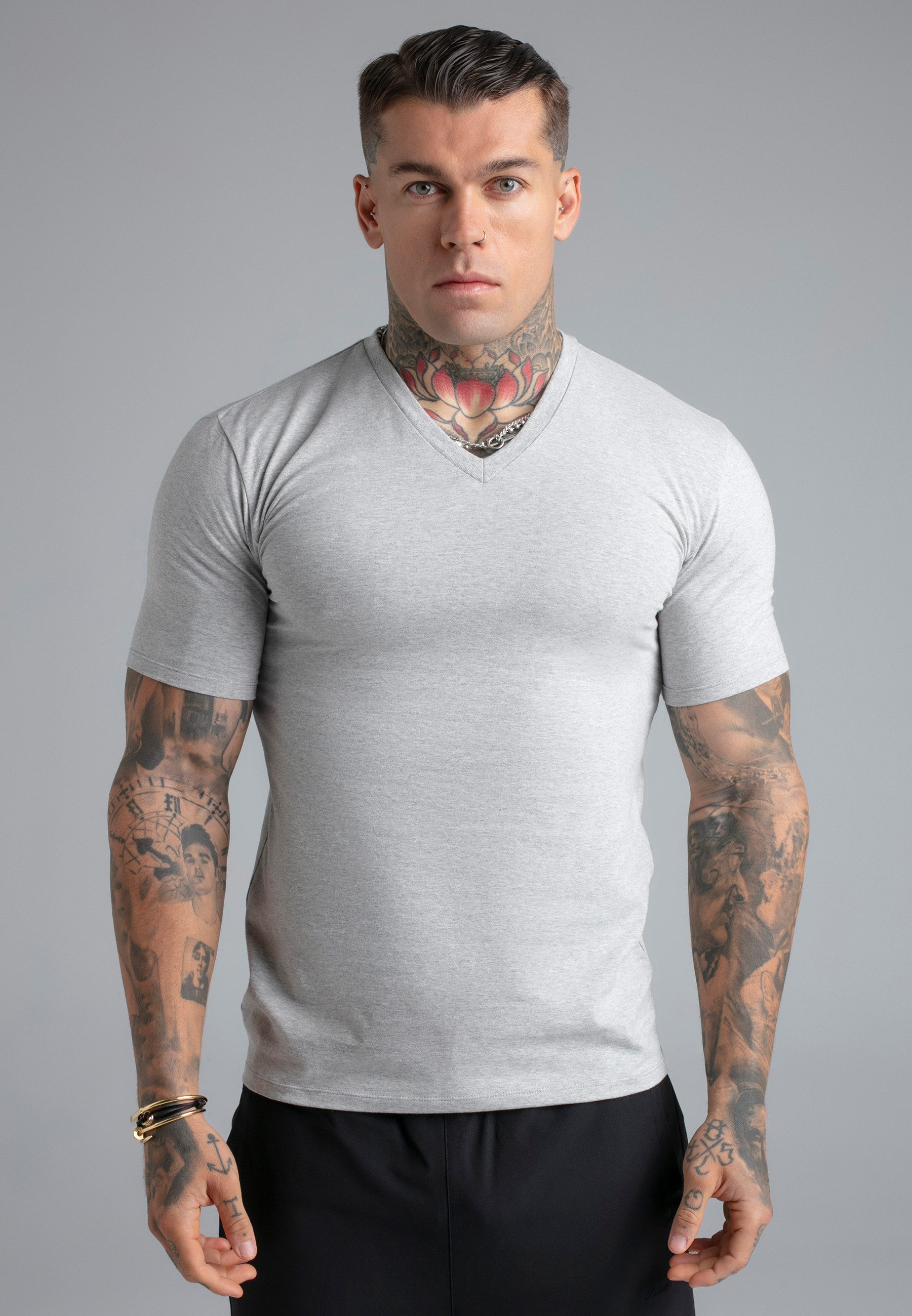 T-Shirt SikSilk Herren Grau Marl V-Neck T-Shirt