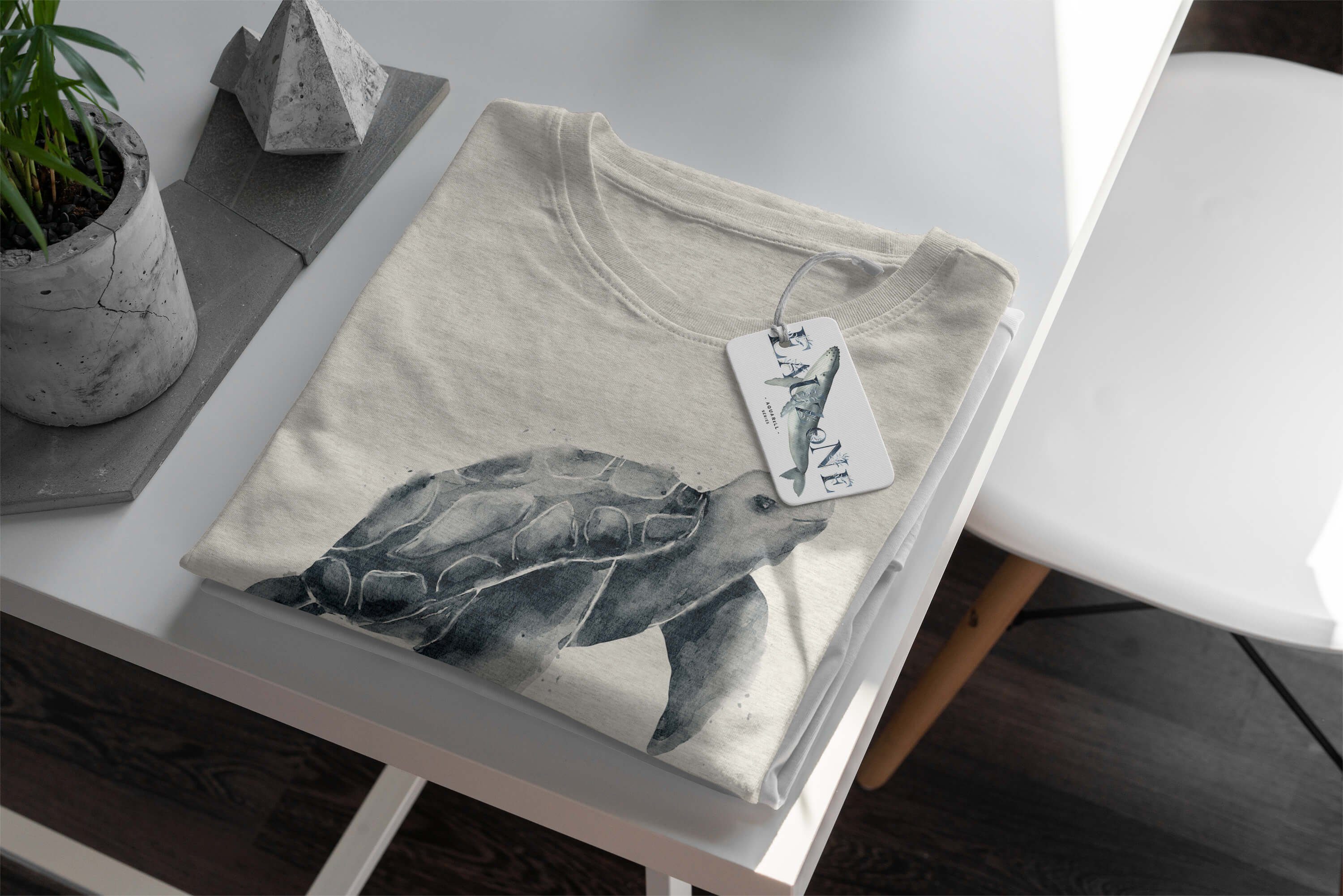 Sinus Art Ök Herren gekämmte T-Shirt Bio-Baumwolle Motiv T-Shirt Meeresschildkröte Shirt Nachhaltig (1-tlg) Wasserfarben 100