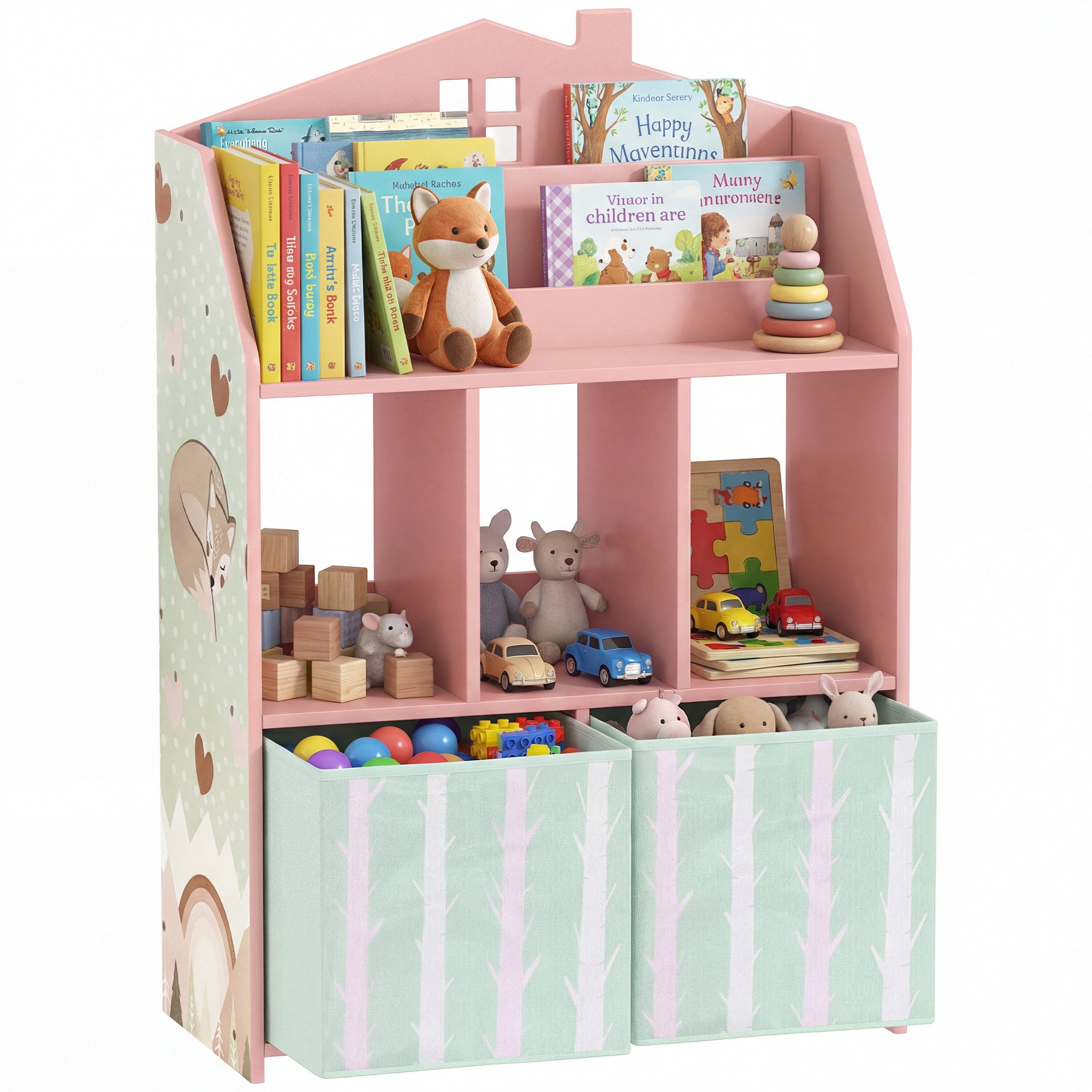 AIYAPLAY Kinderregal Spielzeugregal Kinderzimmerregal mit 2 Stoffschubladen offen, Bücherregal Kinder 1-tlg., für 3-8 Jahre für Spielzeug Bücher 62,5x30x91,5 cm Rosa